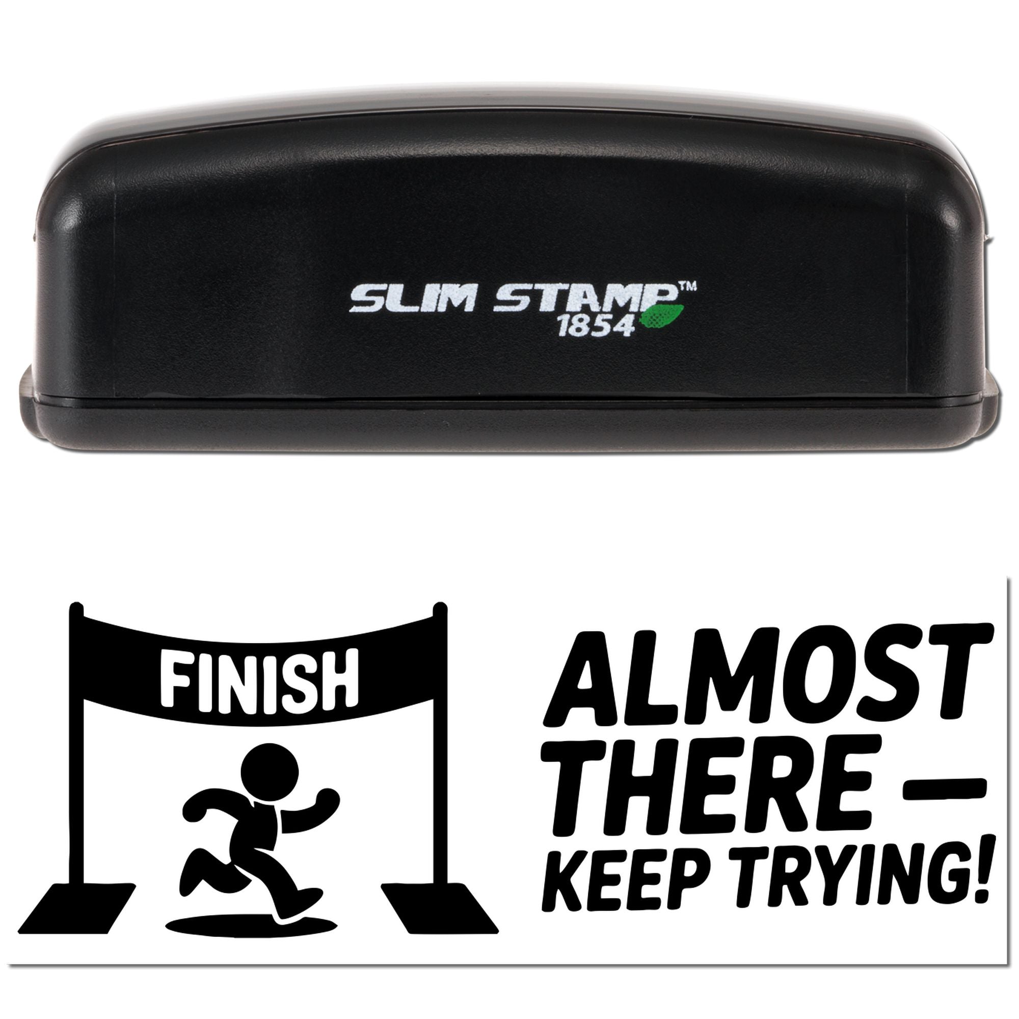 Black Slim Stamp 1854 hand stamp and finish-line seal graphic, with white text and green leaf logo on a white background.