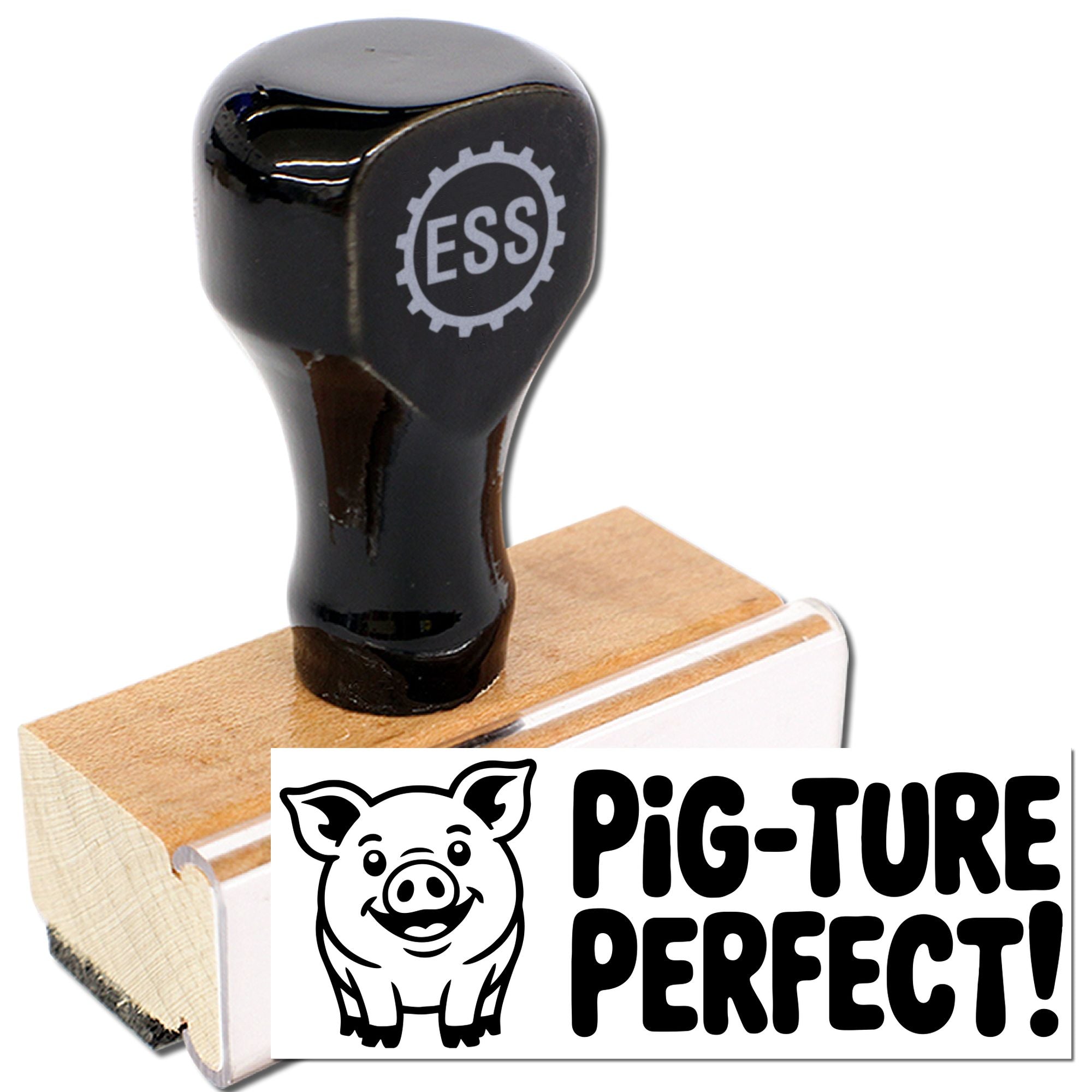 Black ESS rubber stamp and wooden seal block with pig graphic and PIG-TURE PERFECT! text.