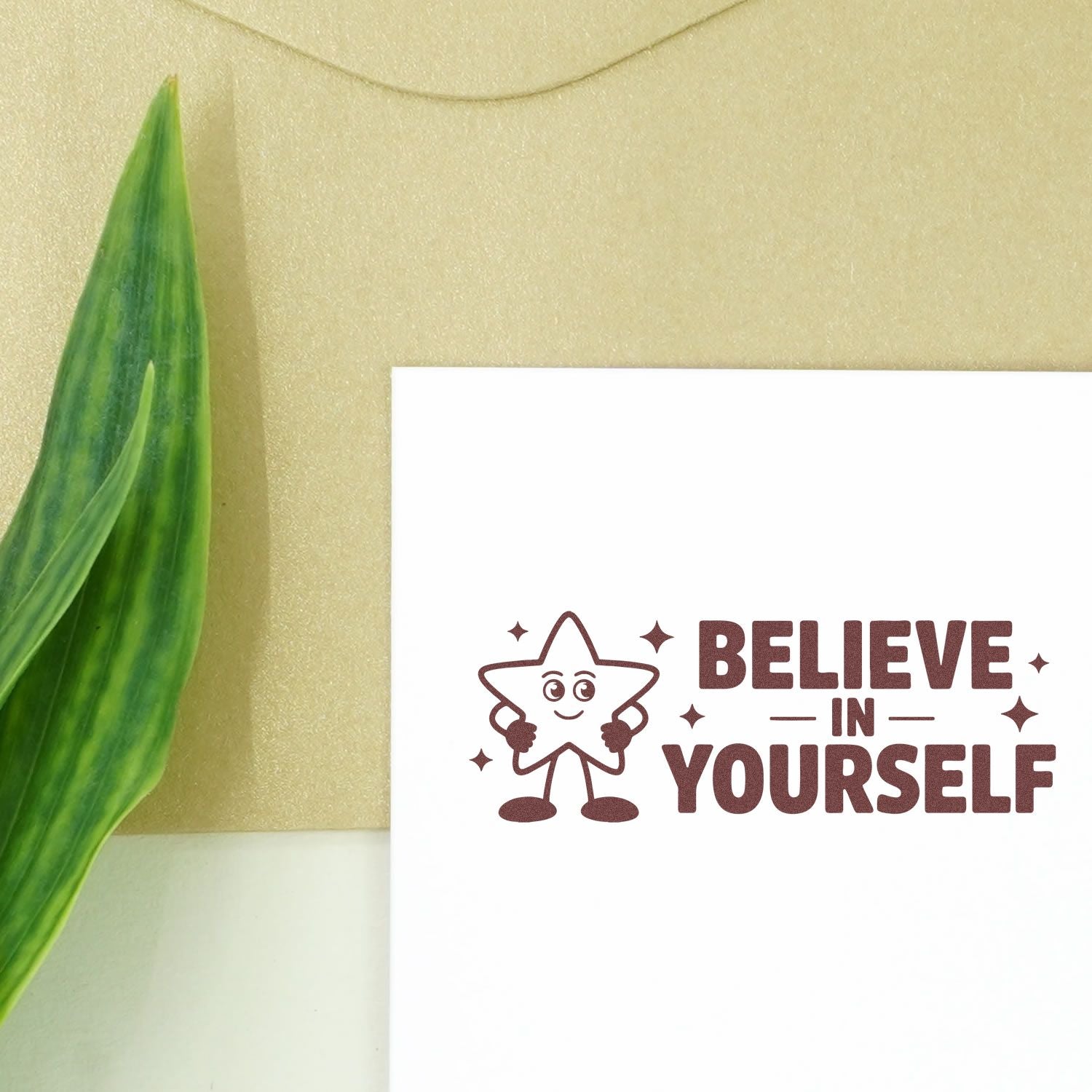 Brown Believe in Yourself stamp seal with smiling star on white card, beside a green leaf on a beige background