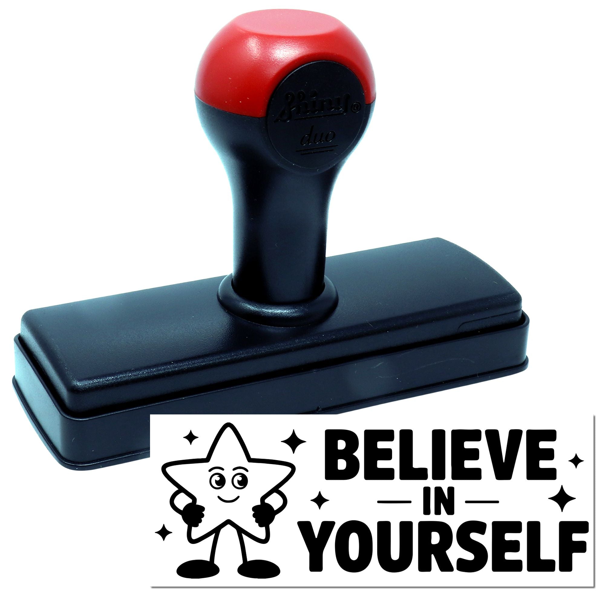 Red-and-black self-inking stamp and seal with rectangular base, showing a Believe in Yourself design.
