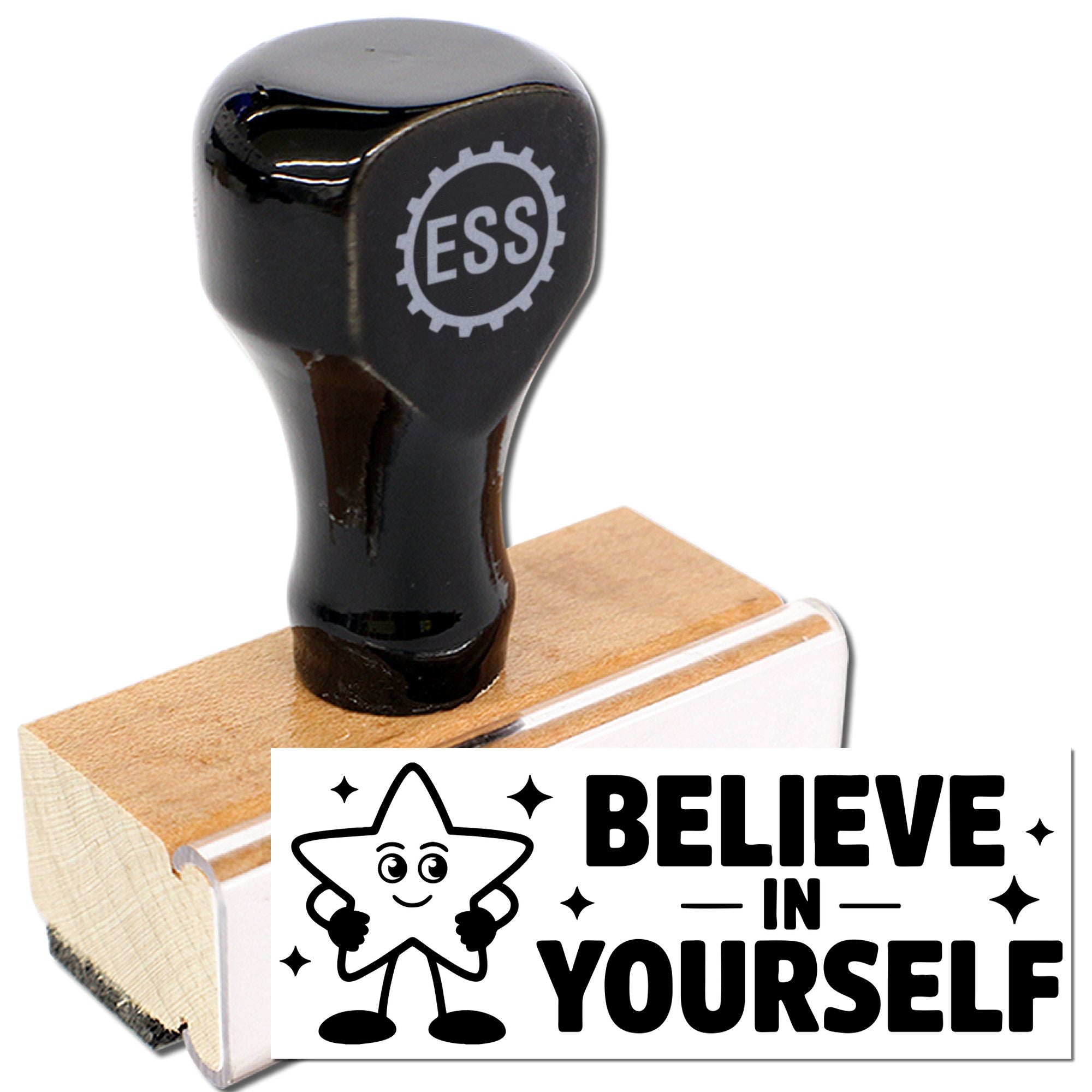 Black ESS rubber stamp on a wooden base with a bold Believe in Yourself seal design and star character.