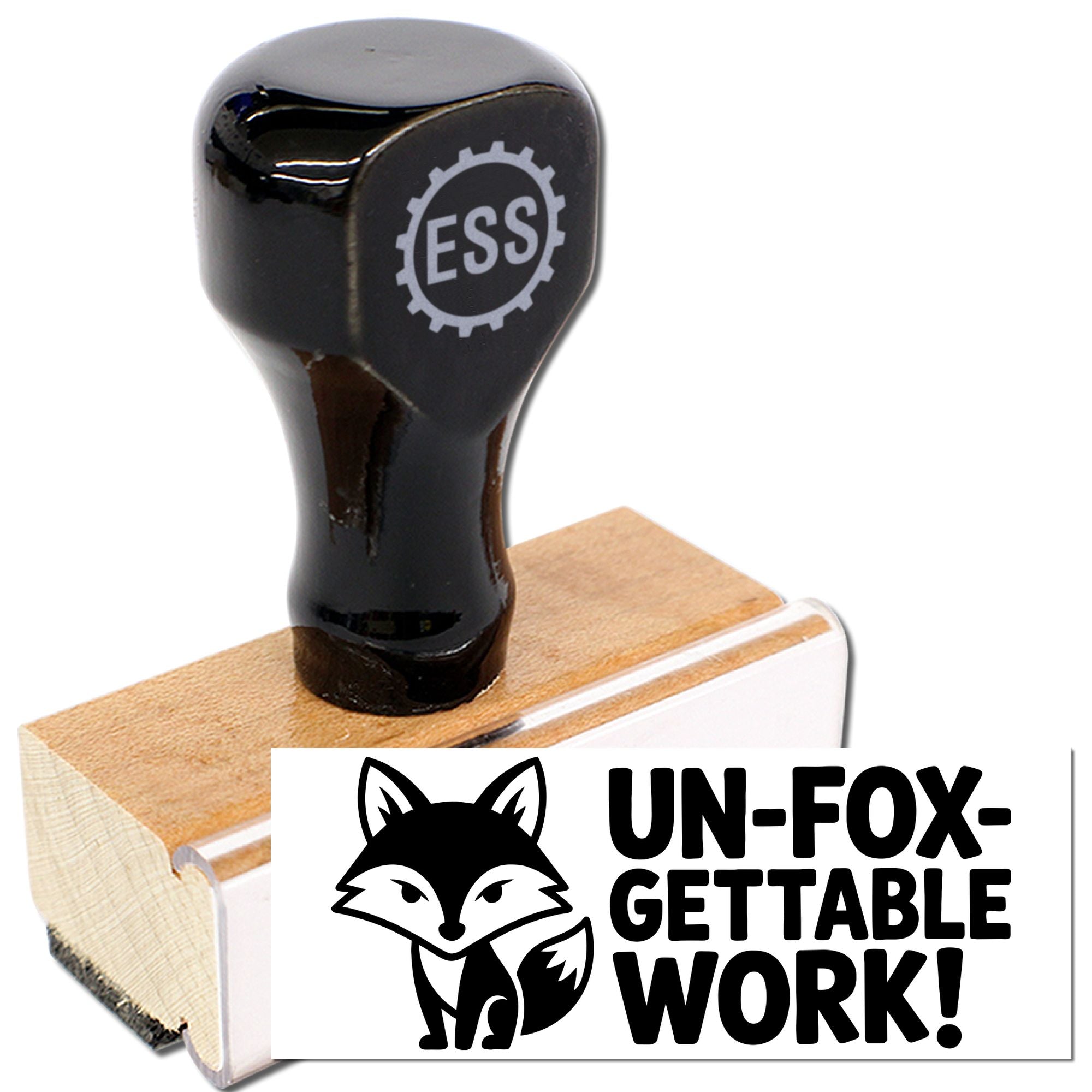 Black self-inking stamp with ESS gear logo on wooden base, paired with a fox seal reading UN-FOX-GETTABLE WORK!