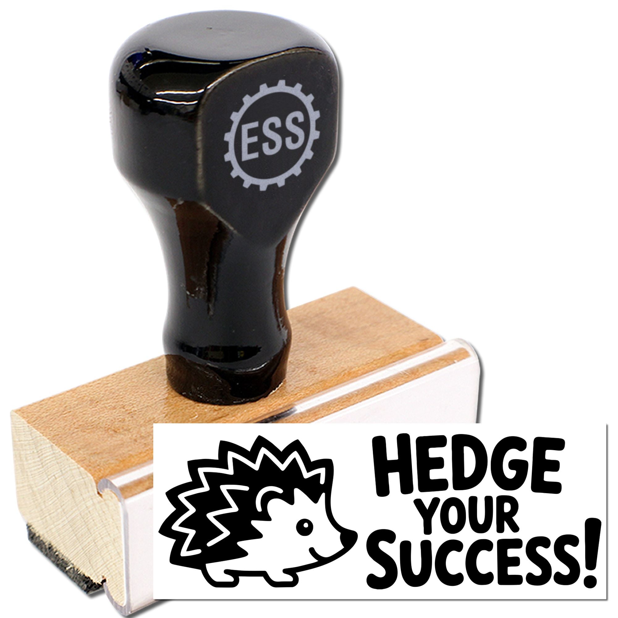 Black rubber stamp and seal with ESS logo on a wooden base, beside a hedgehog design and HEDGE YOUR SUCCESS imprint.