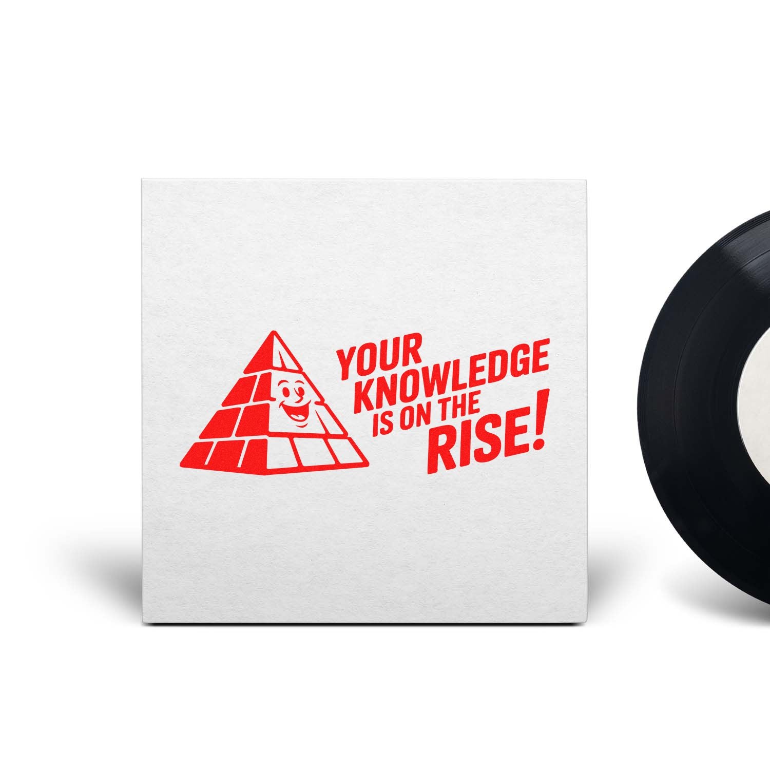 Red stamp imprint with pyramid mascot and Your knowledge is on the rise! on a white seal sheet, beside a black seal disk.