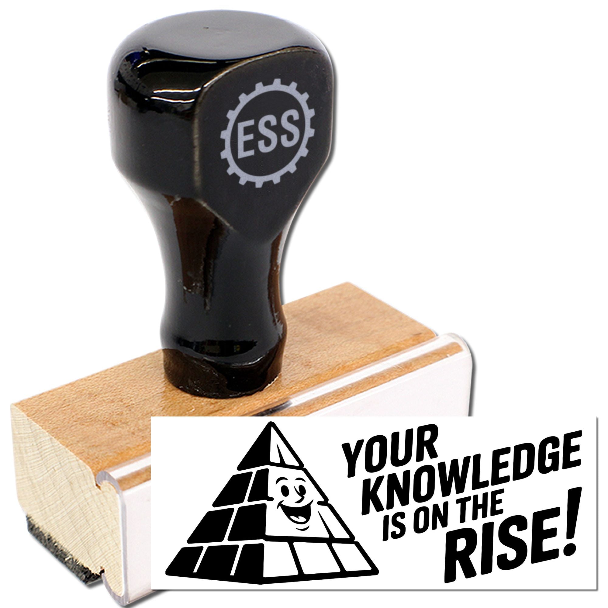 Black rubber stamp and wooden seal block with white pyramid logo and bold YOUR KNOWLEDGE IS ON THE RISE! imprint.