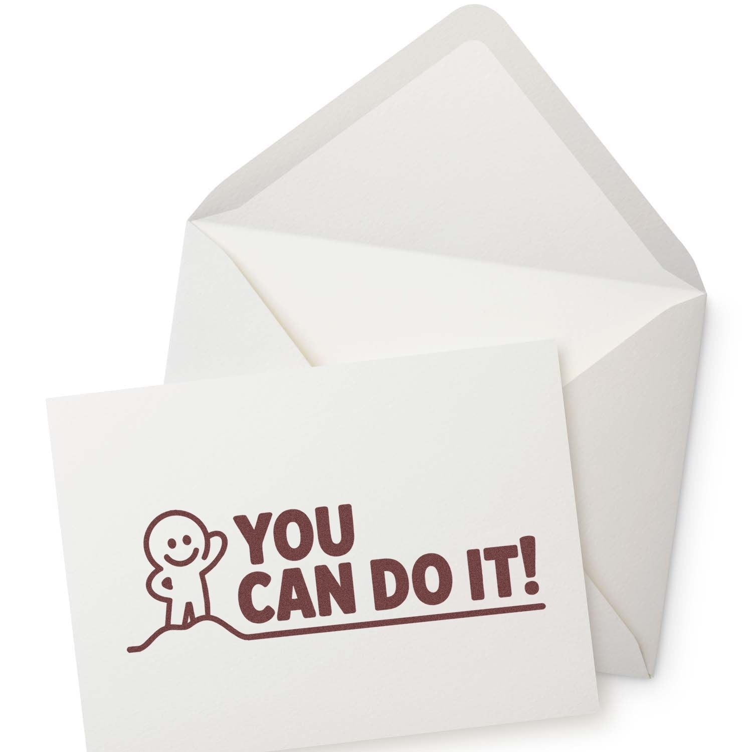White envelope with a maroon motivational stamp and seal reading You Can Do It! beside a cheering figure.