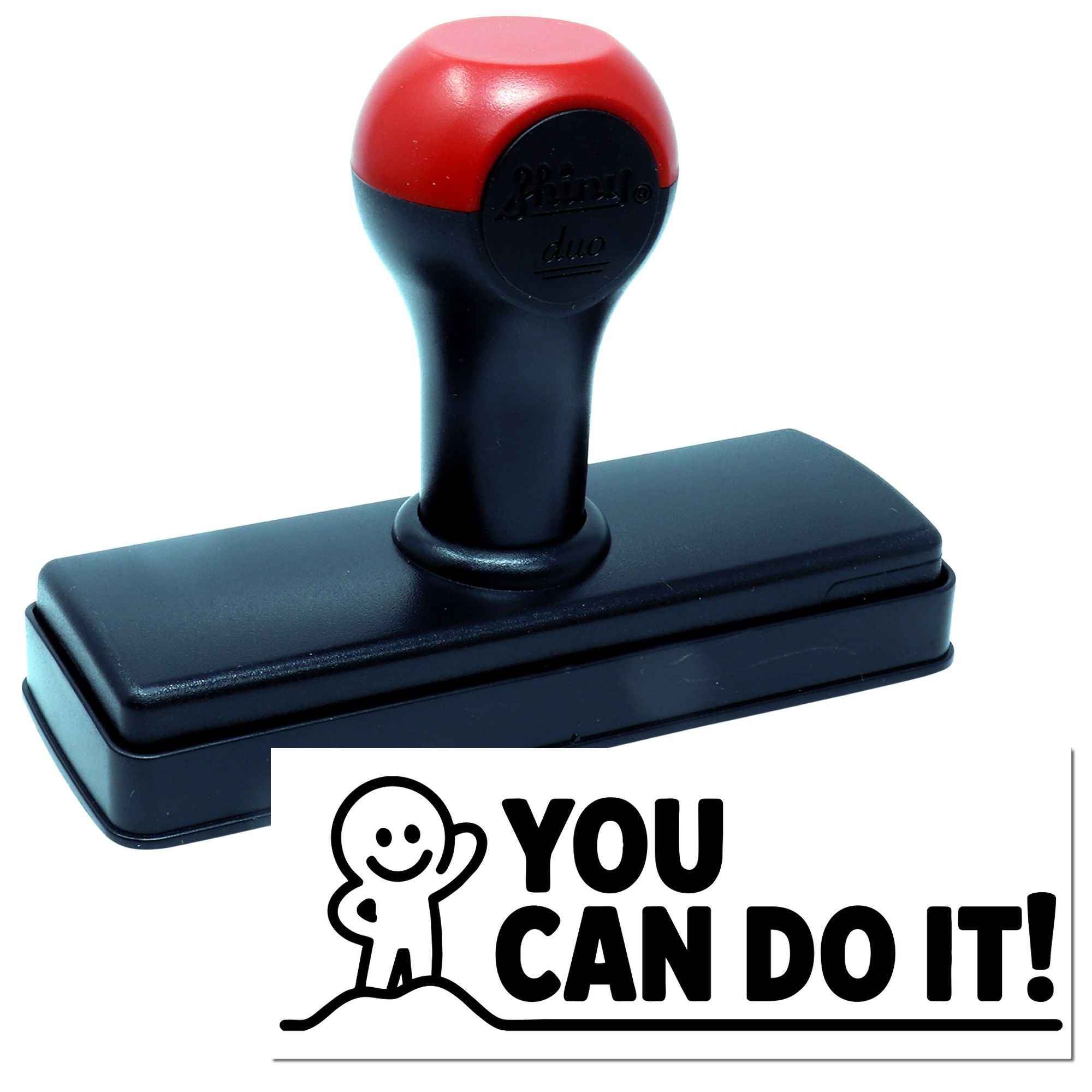 Red and black self-inking stamp and seal with YOU CAN DO IT! motivational imprint and cheering figure