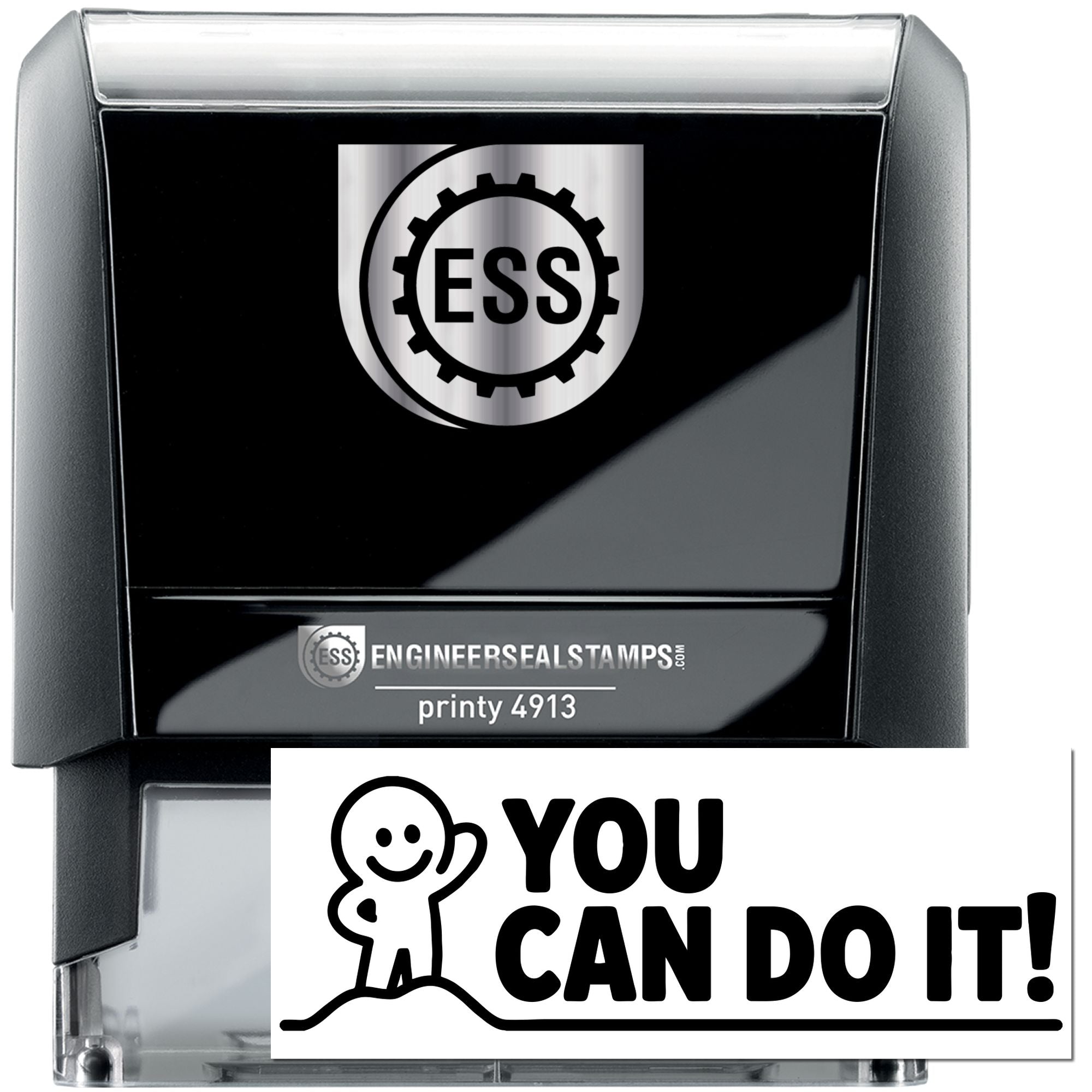 Black self-inking stamp and seal with silver trim, ESS logo, and white You can do it! seal design.