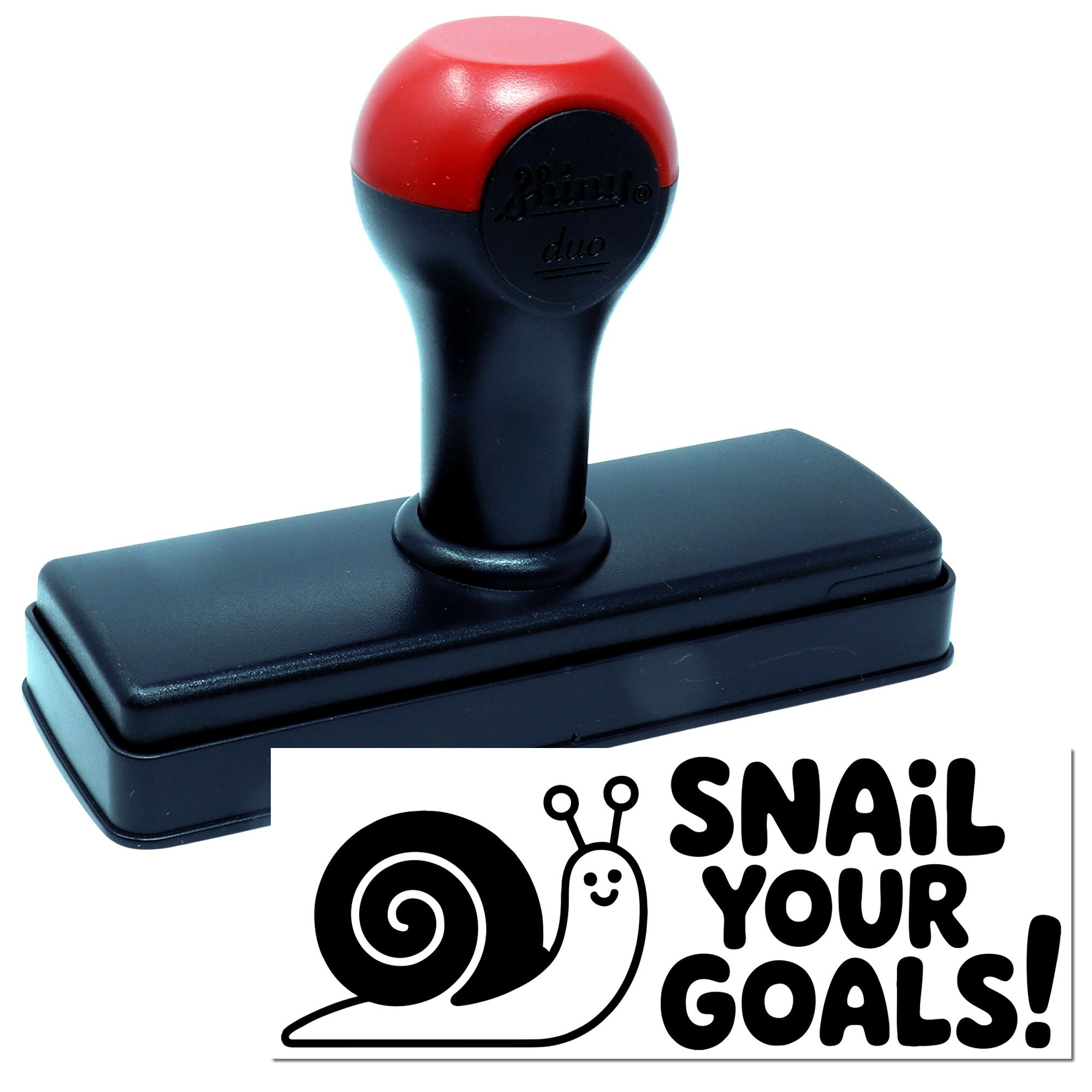 Black self-inking stamp seal with red handle and snail logo, reading SNAIL YOUR GOALS!