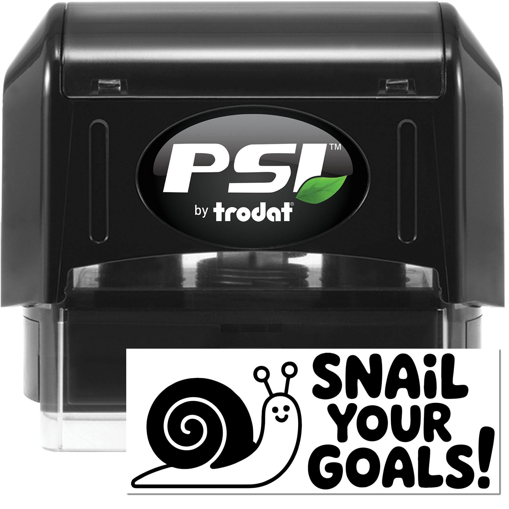Black PSI by Trodat self-inking stamp and seal set with white logo and snail Snail Your Goals! graphic.