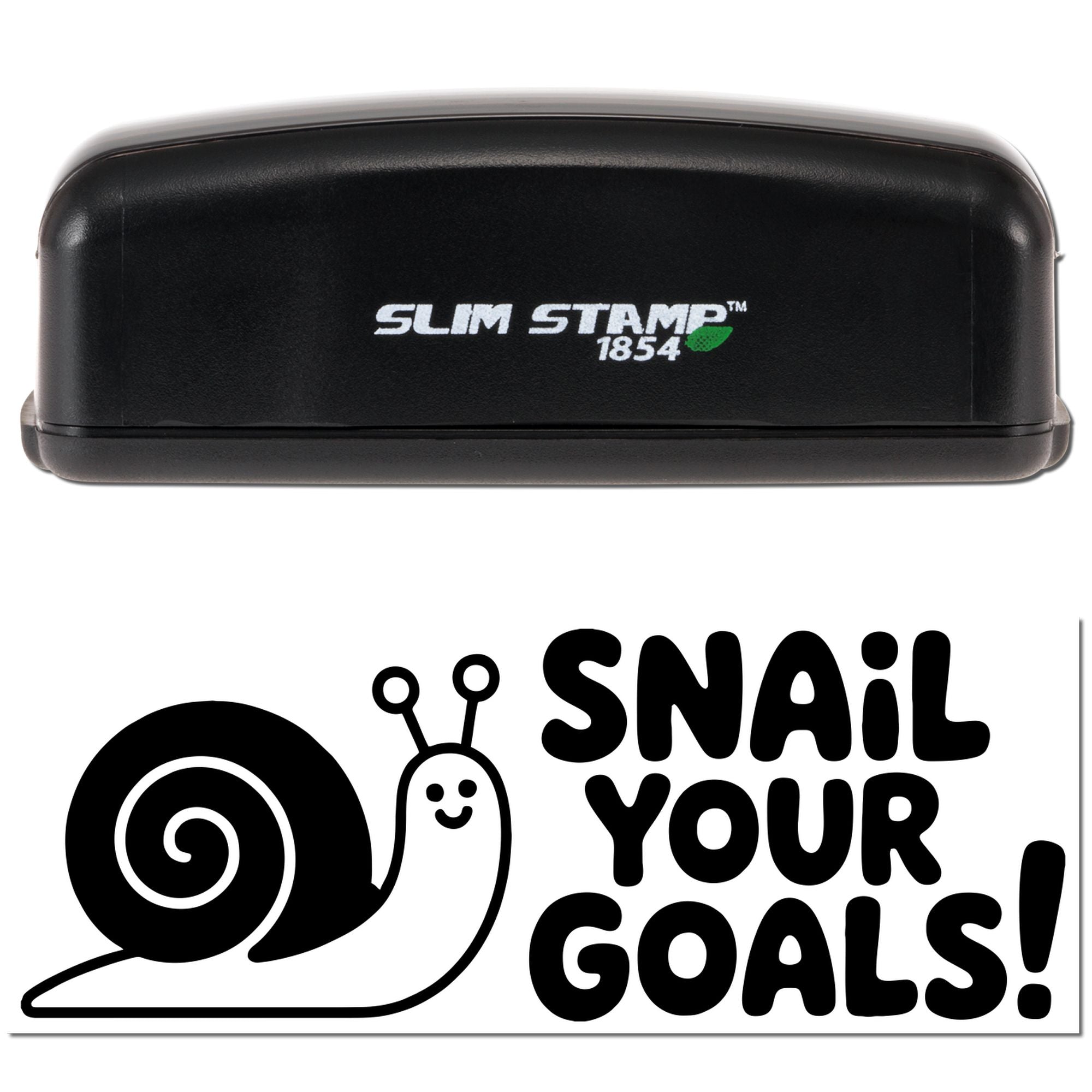 Black Slim Stamp 1854 self-inking stamp and snail-themed seal with bold Snail Your Goals! text on white background.