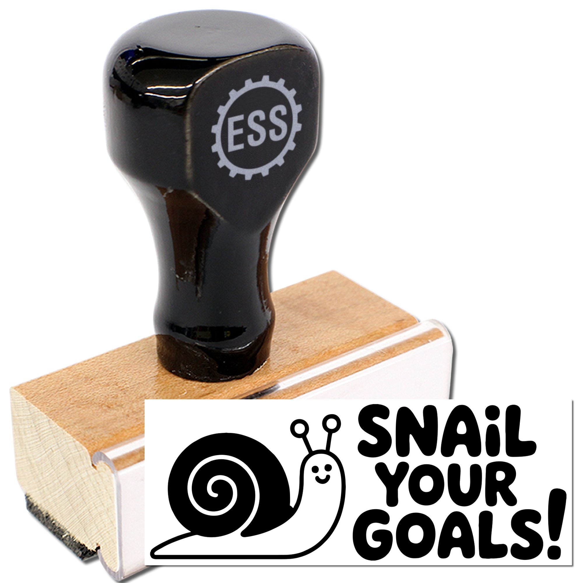 Black ESS rubber stamp on wooden base with gray logo and snail SNAIL YOUR GOALS! seal graphic