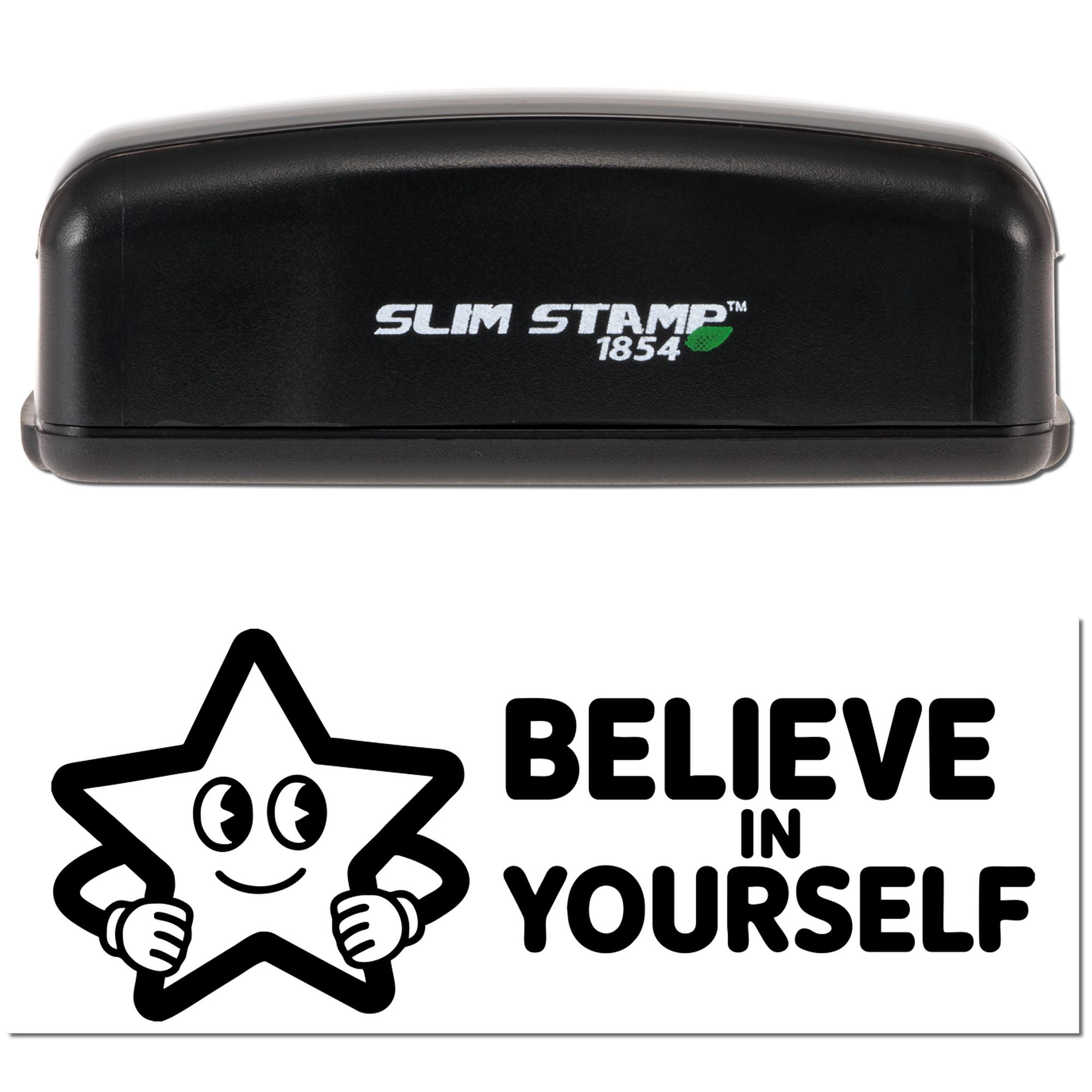 Black Slim Stamp 1854 self-inking stamp and seal with a smiling star and bold Believe in yourself design on white.
