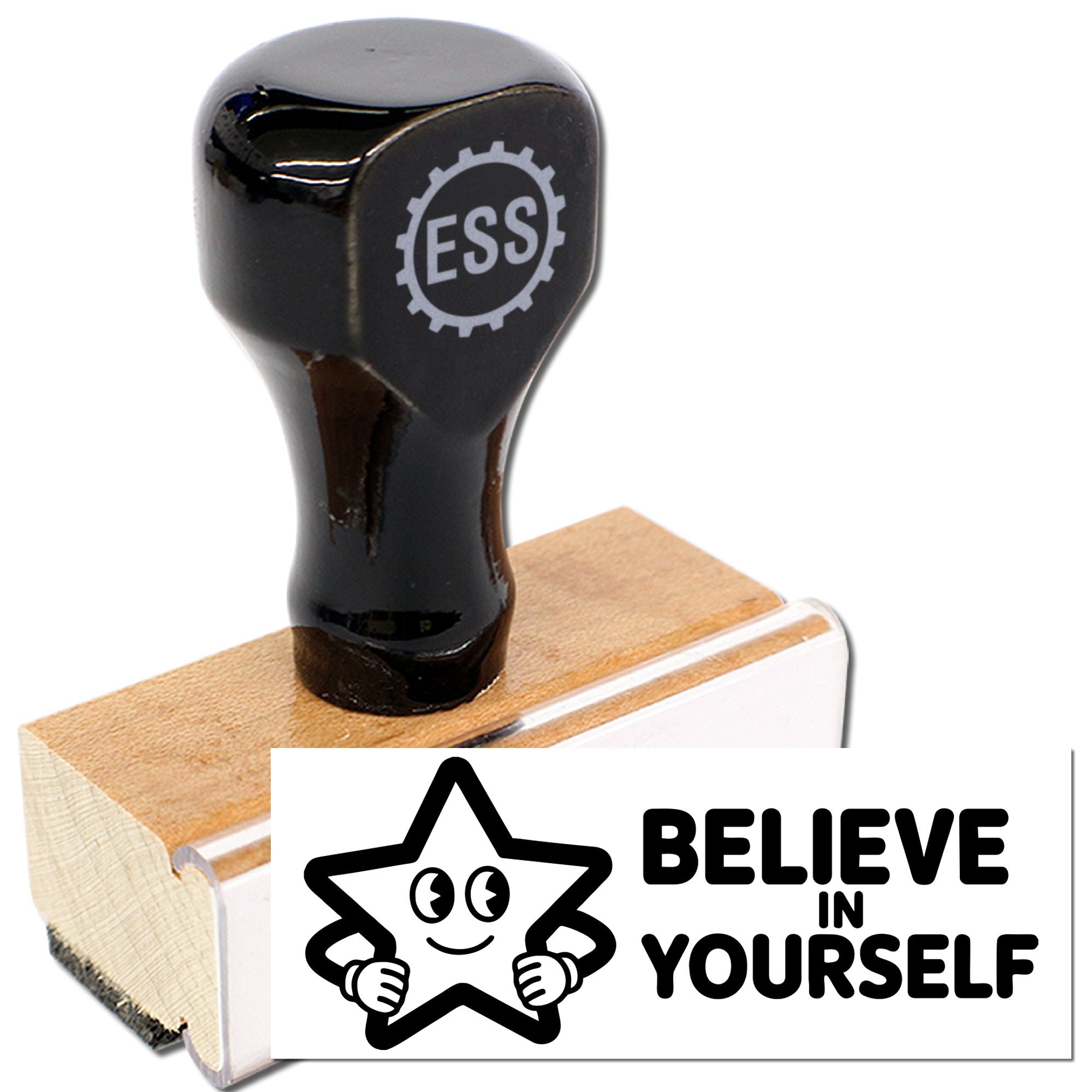 Black rubber stamp and wooden seal with ESS logo, printing a white Believe in Yourself design with star graphic.