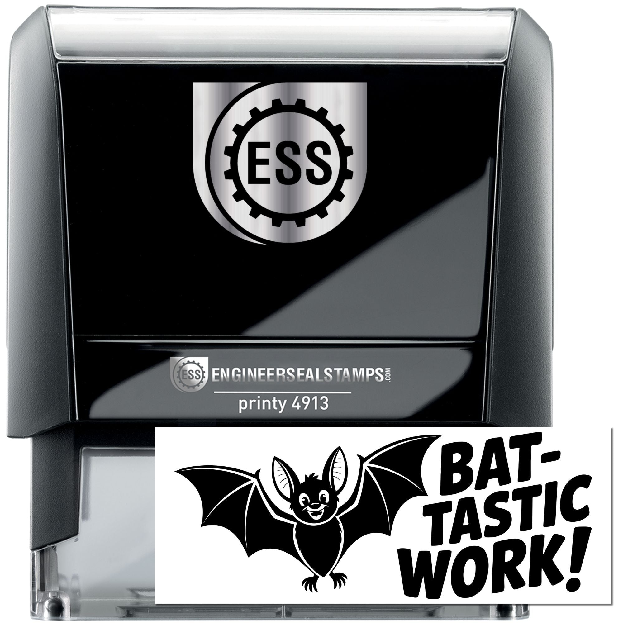 Black self-inking engineer seal stamp with ESS logo and bat graphic, silver-gray casing, and clear stamp cover.