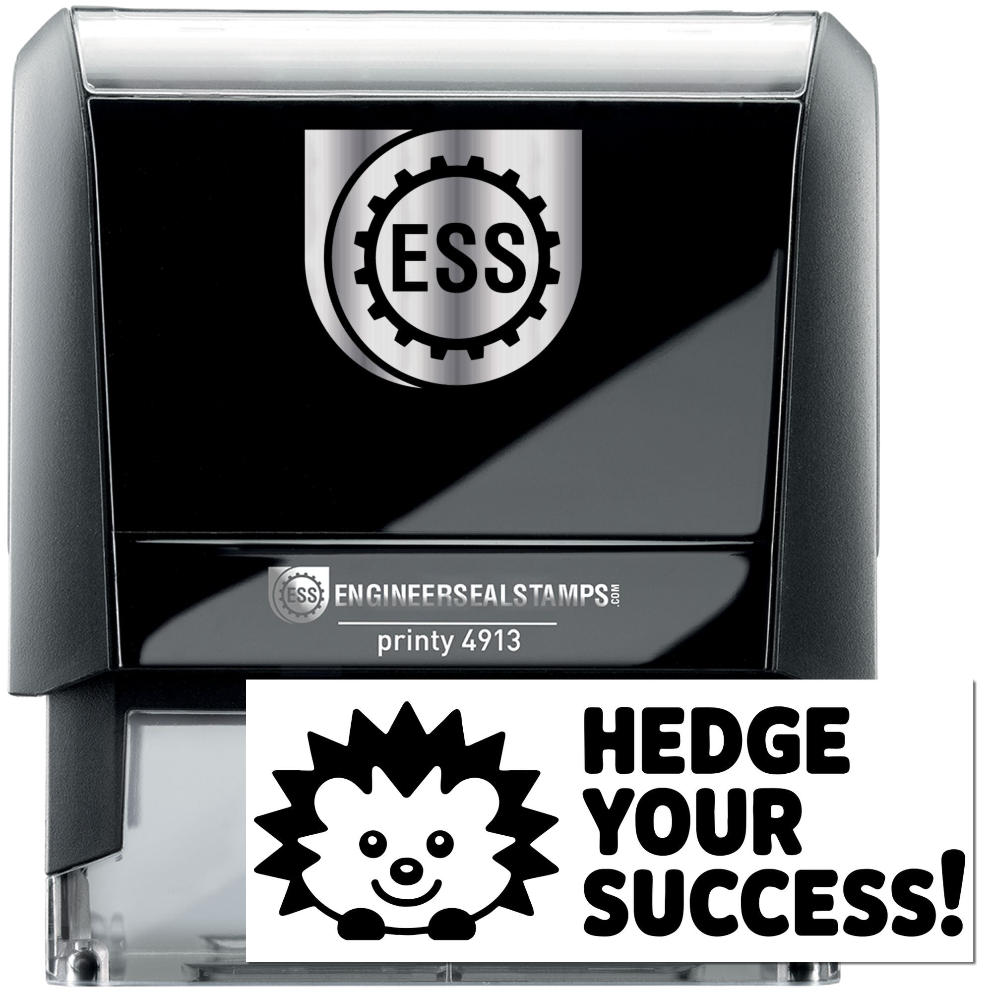 Black self-inking ESS stamp and seal with silver logo, printing 4913, and Hedge Your Success hedgehog graphic.