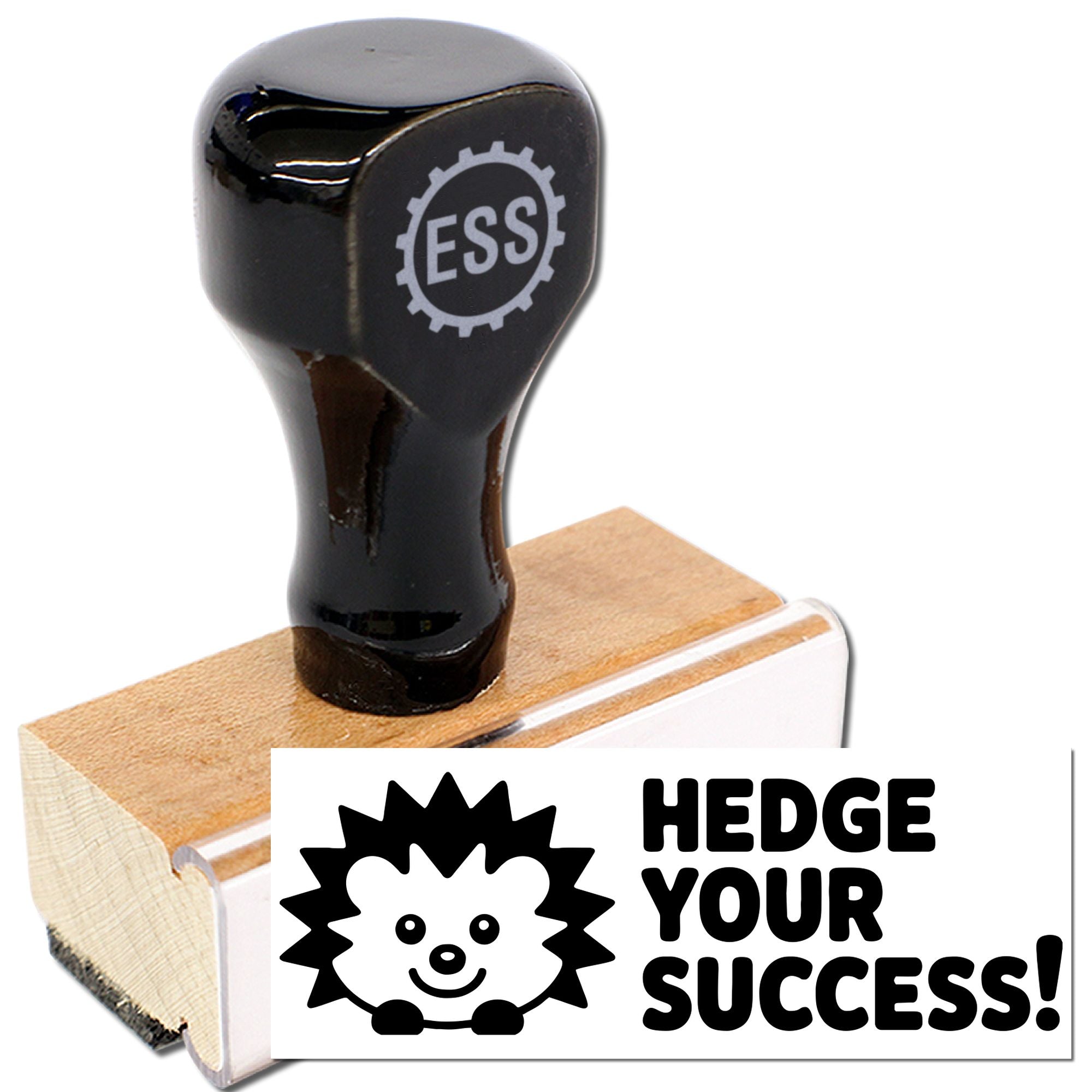 Black custom rubber stamp and seal with ESS gear logo on wooden base, plus HEDGE YOUR SUCCESS! hedgehog graphic