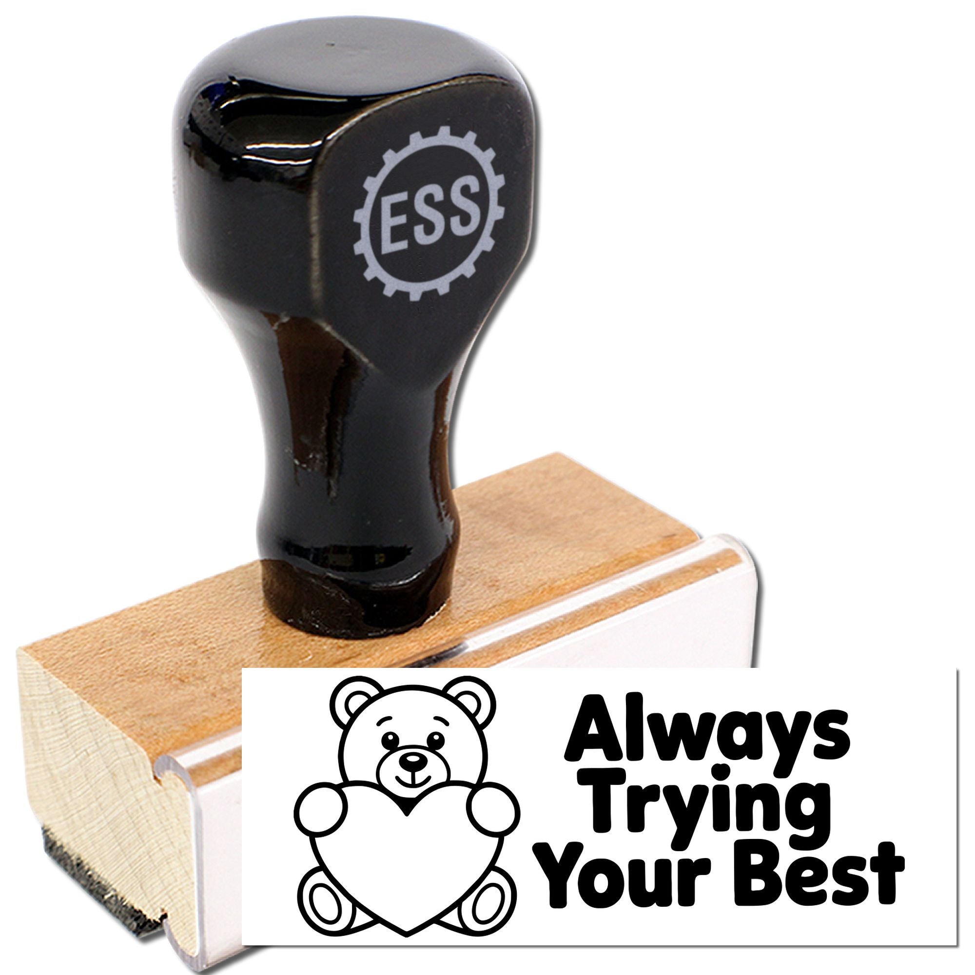 Black ESS rubber stamp on wooden base with white bear seal reading Always Trying Your Best.