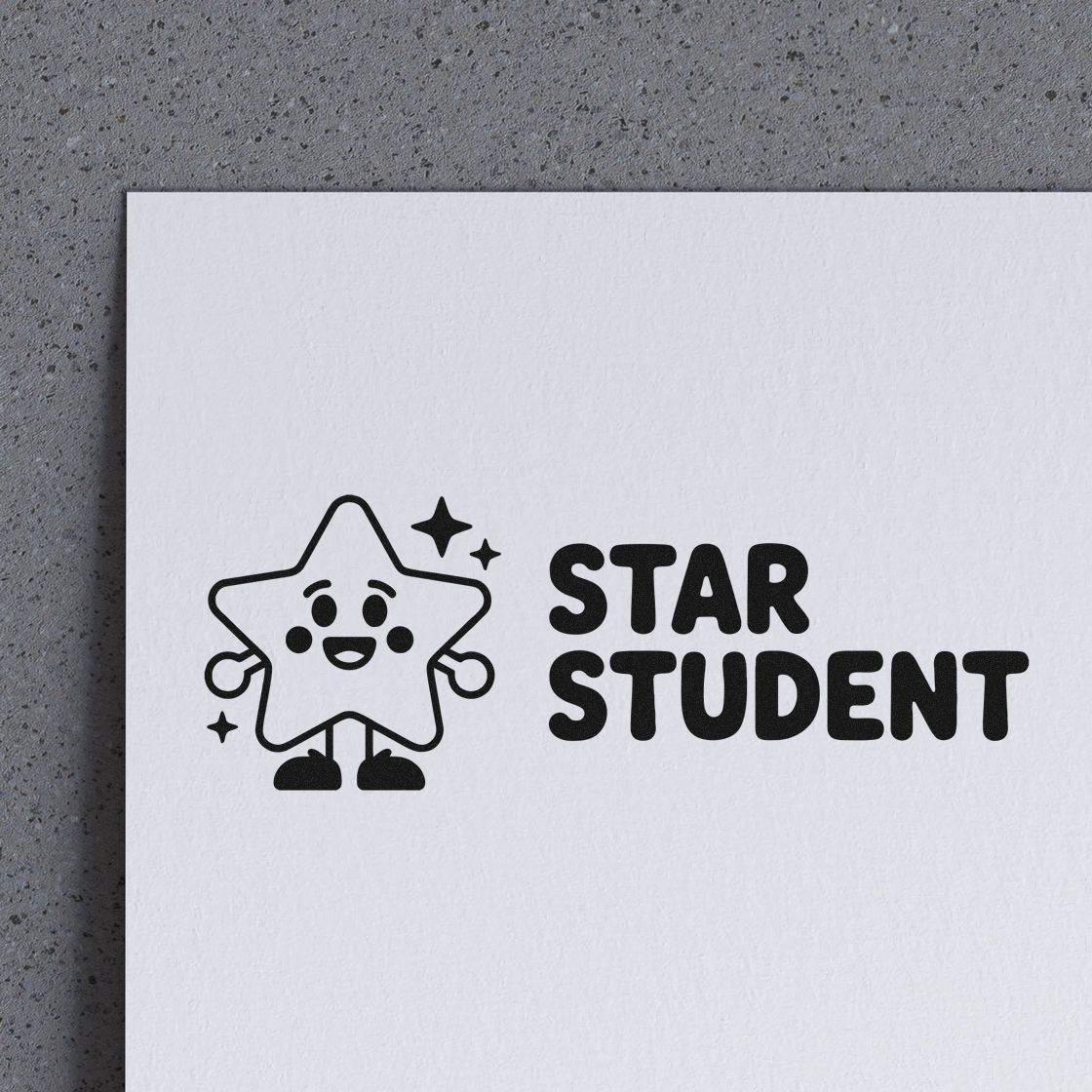 Black Star Student stamp and seal design with smiling star mascot and sparkles on white paper.
