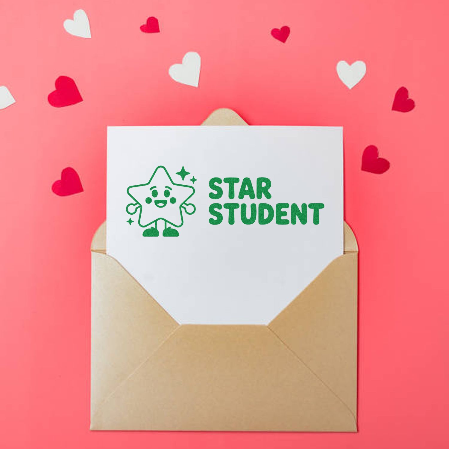 Green Star Student stamp seal on white card in a tan envelope, with pink background and red and white hearts.