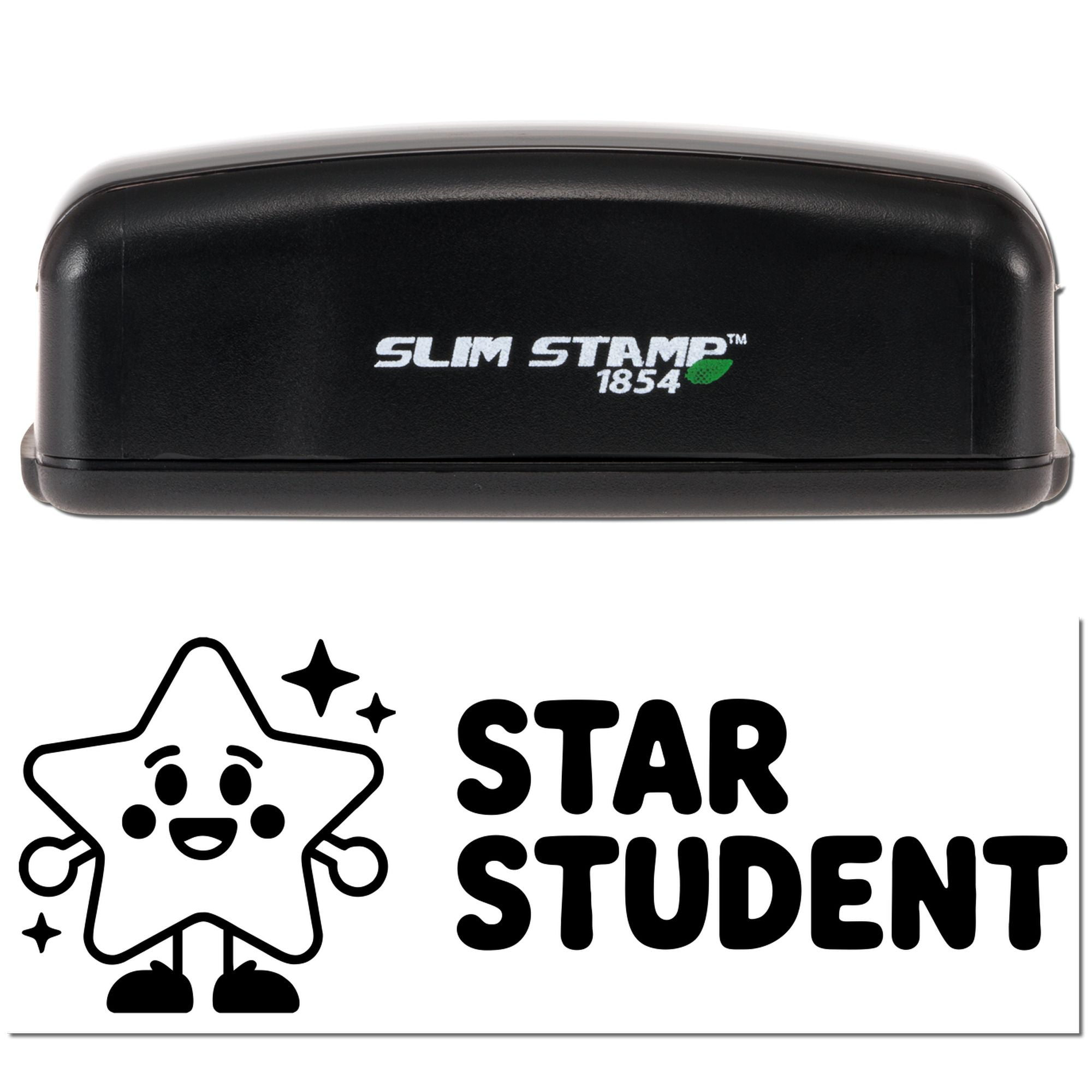 Black Slim Stamp 1854 stamp case above a white Star Student seal with bold black text and smiling star mascot.