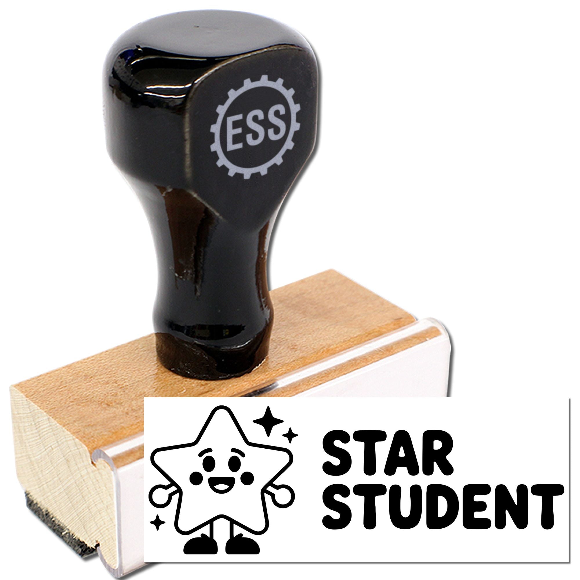 Black ESS stamp and seal on wooden mount with STAR STUDENT text and smiling star design.