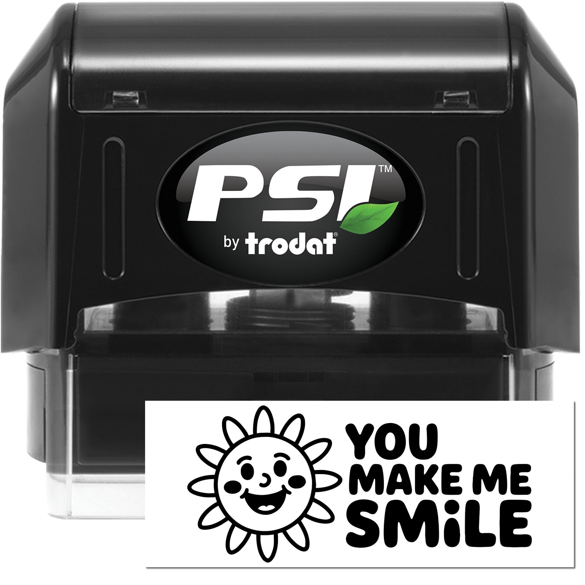 Black PSI by Trodat self-inking stamp and seal products with green leaf logo and You Make Me Smile design.