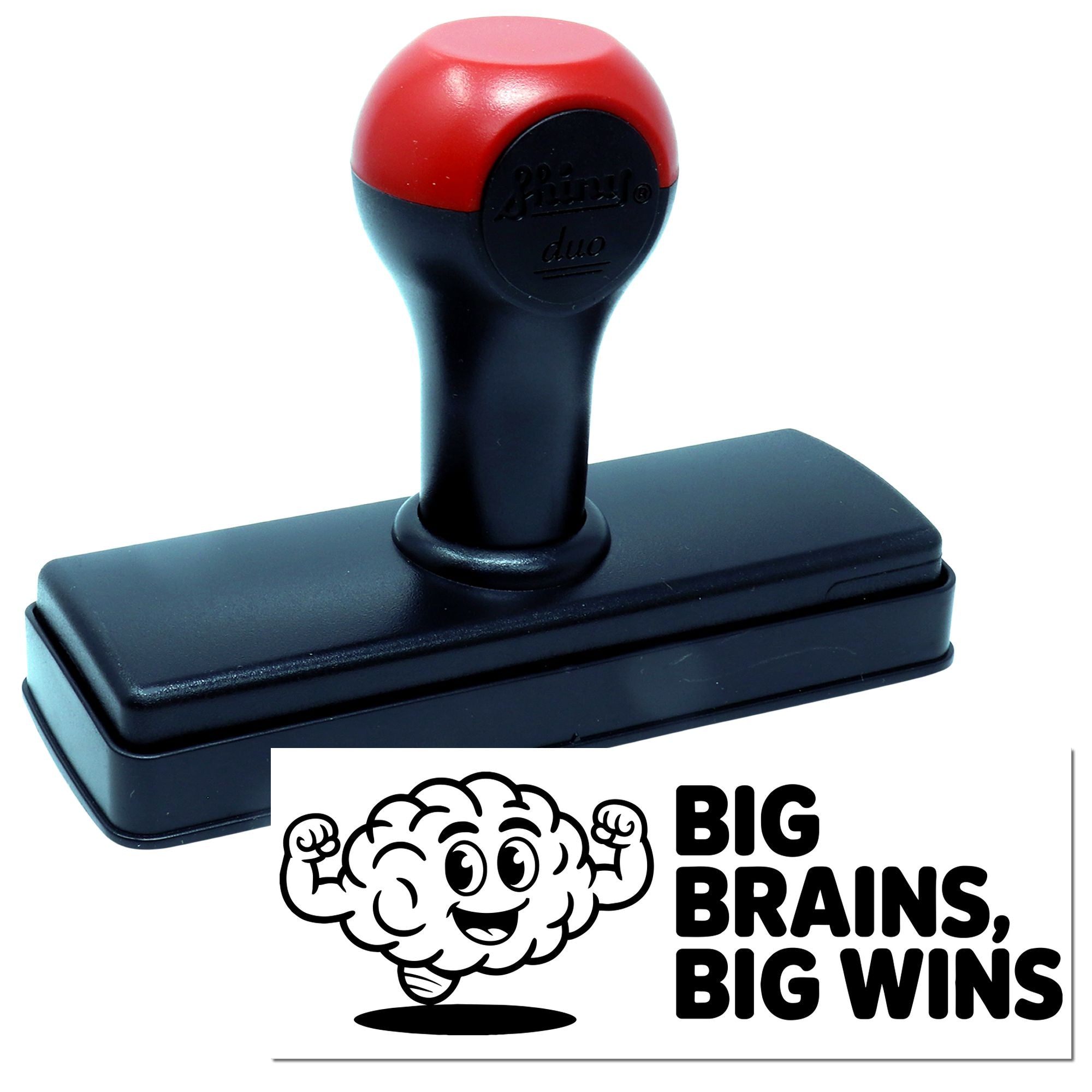 Black self-inking stamp with red handle and matching white seal featuring a cartoon brain and bold BIG BRAINS, BIG WINS text.