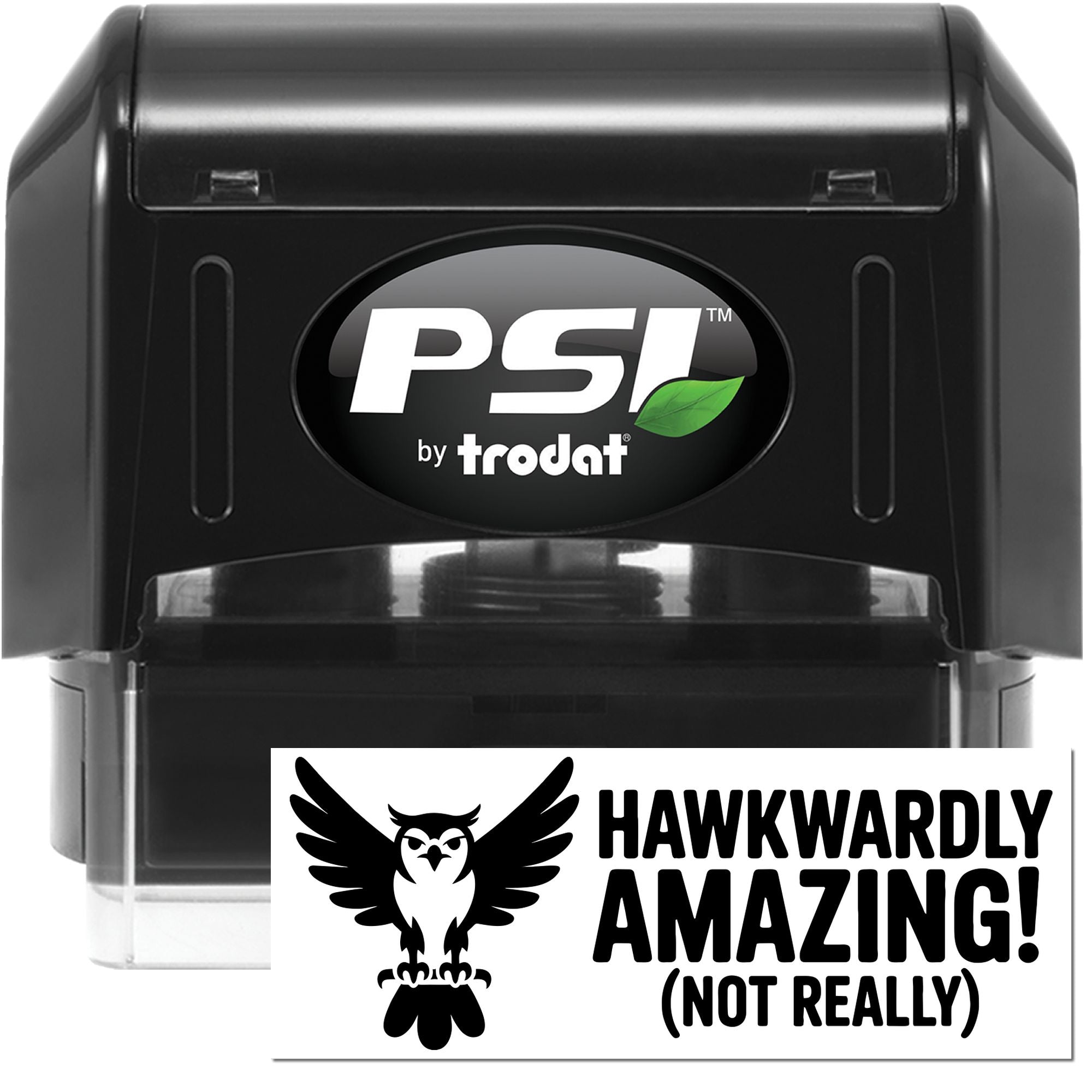 Black PSI by Trodat self-inking stamp with transparent base and a white Hawkwardly Amazing owl seal card.
