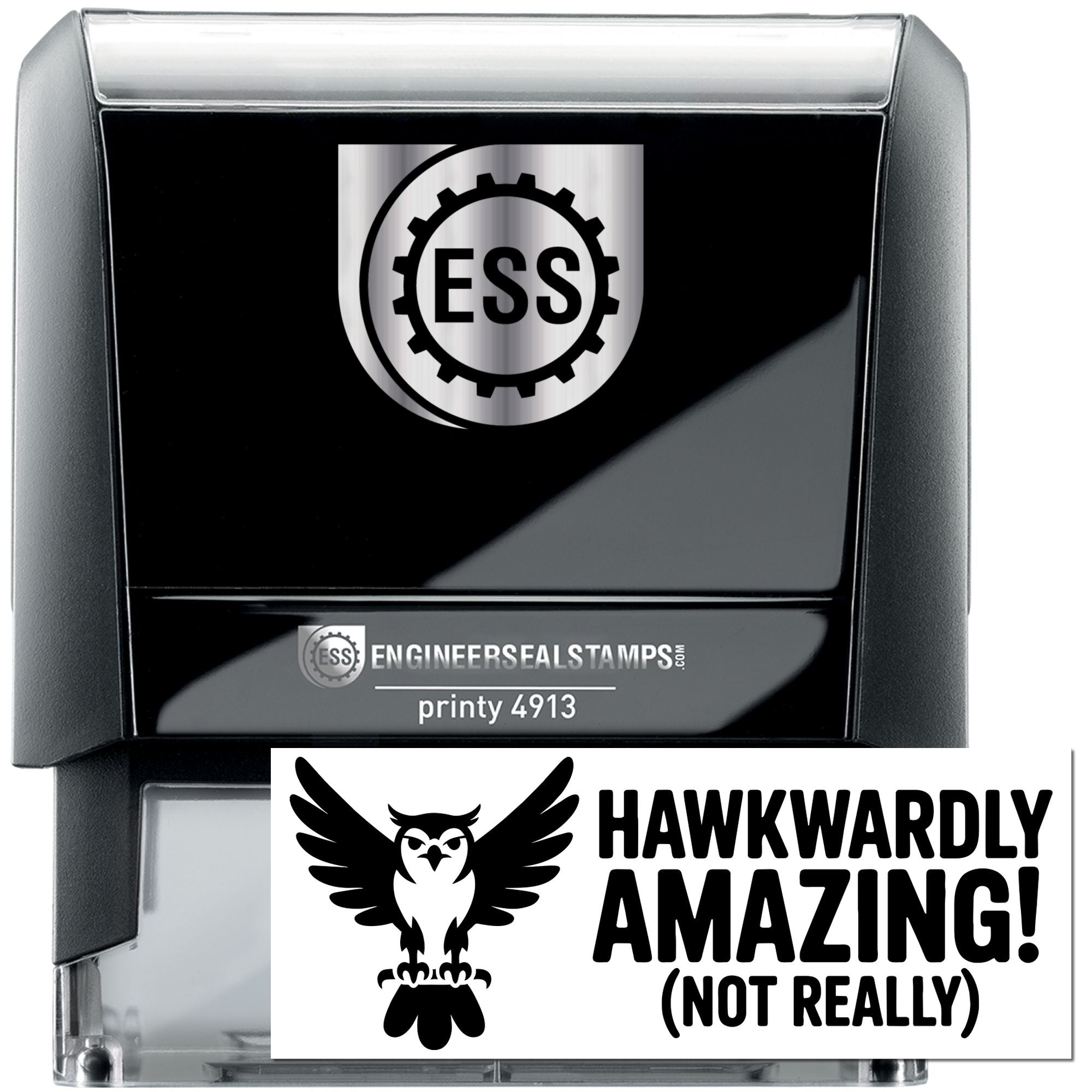 Black self-inking engineer seal stamp with silver ESS logo, black casing, gray accents, and bold Hawkwardly Amazing text.