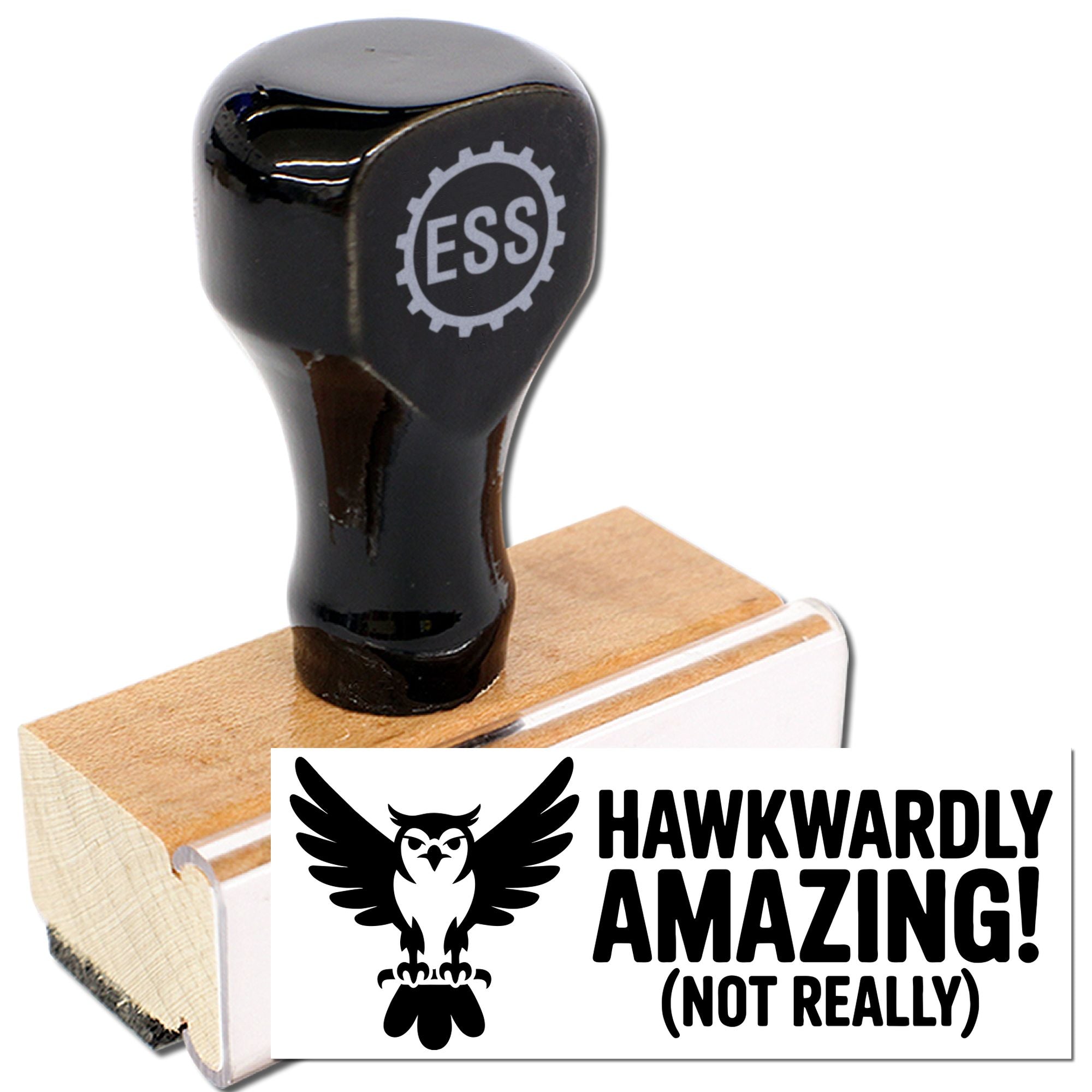 Black ESS rubber stamp and wooden seal with owl logo and Hawkwardly Amazing! text on white background
