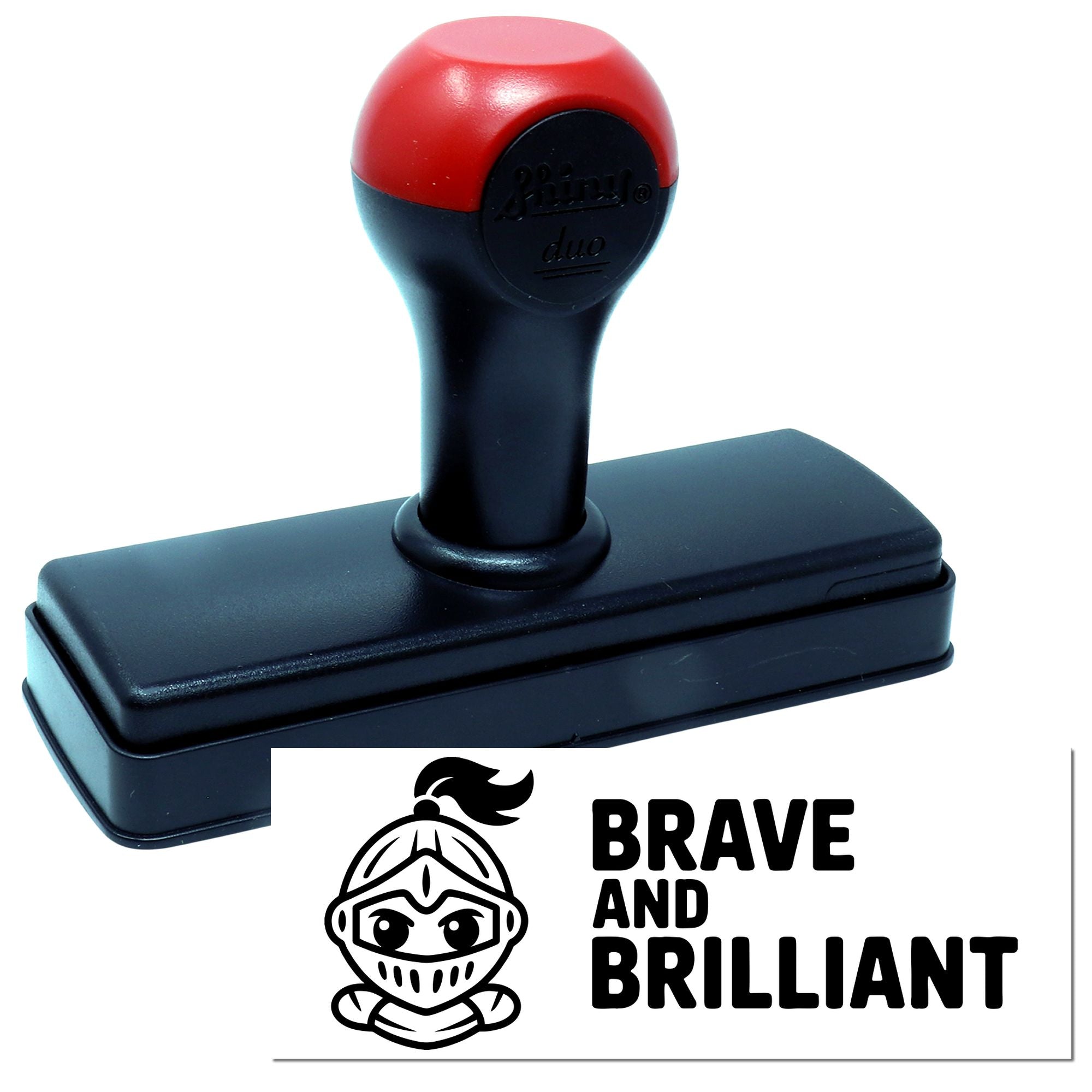 Red-and-black self-inking stamp and seal with knight logo and Brave and Brilliant imprint.