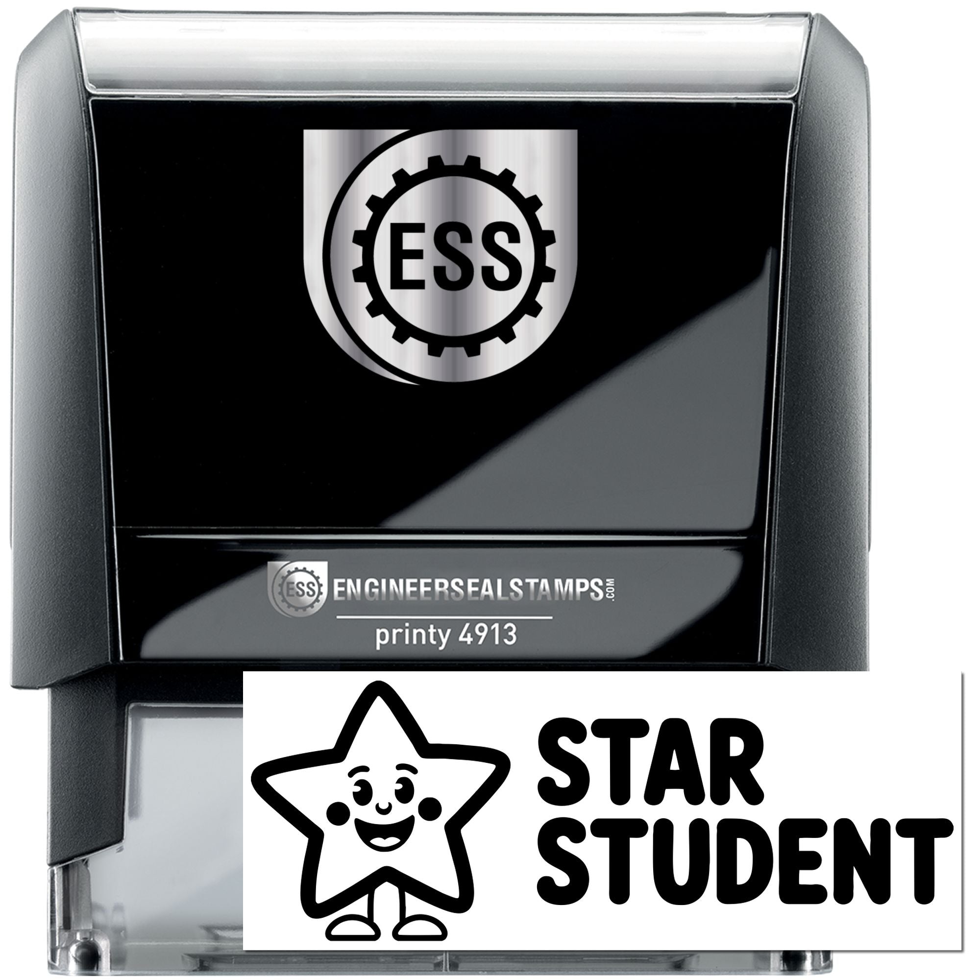 Black and silver self-inking stamp and seal products with ESS logo and Star Student design