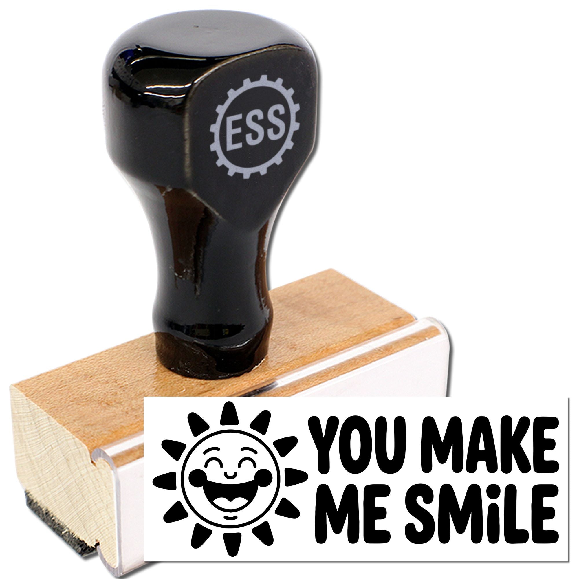 Black ESS custom rubber stamp and seal on wooden mount, with smiling sun and bold You Make Me Smile text.