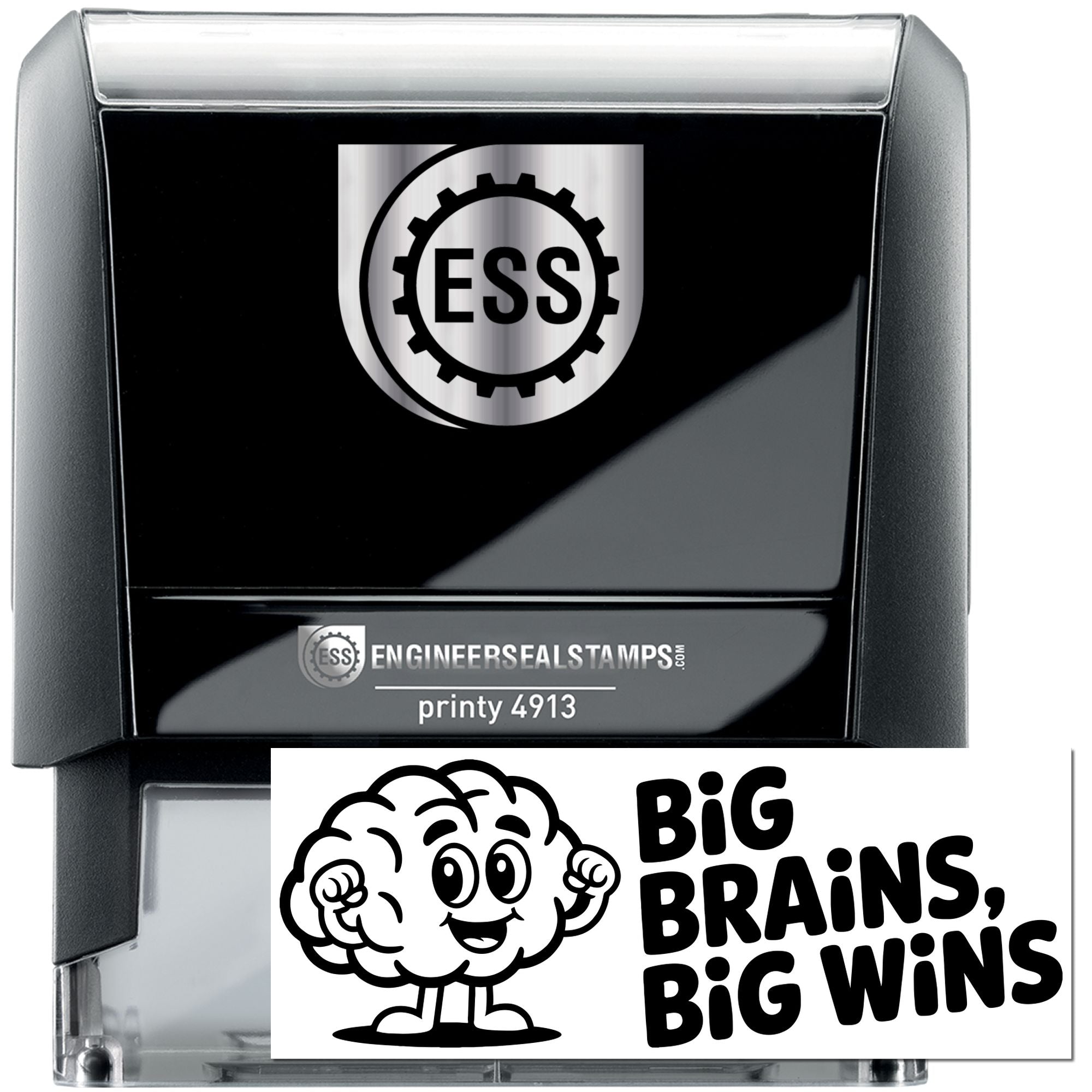 Black self-inking stamp and seal with silver casing, ESS logo, and Big Brains, Big Wins brain graphic.