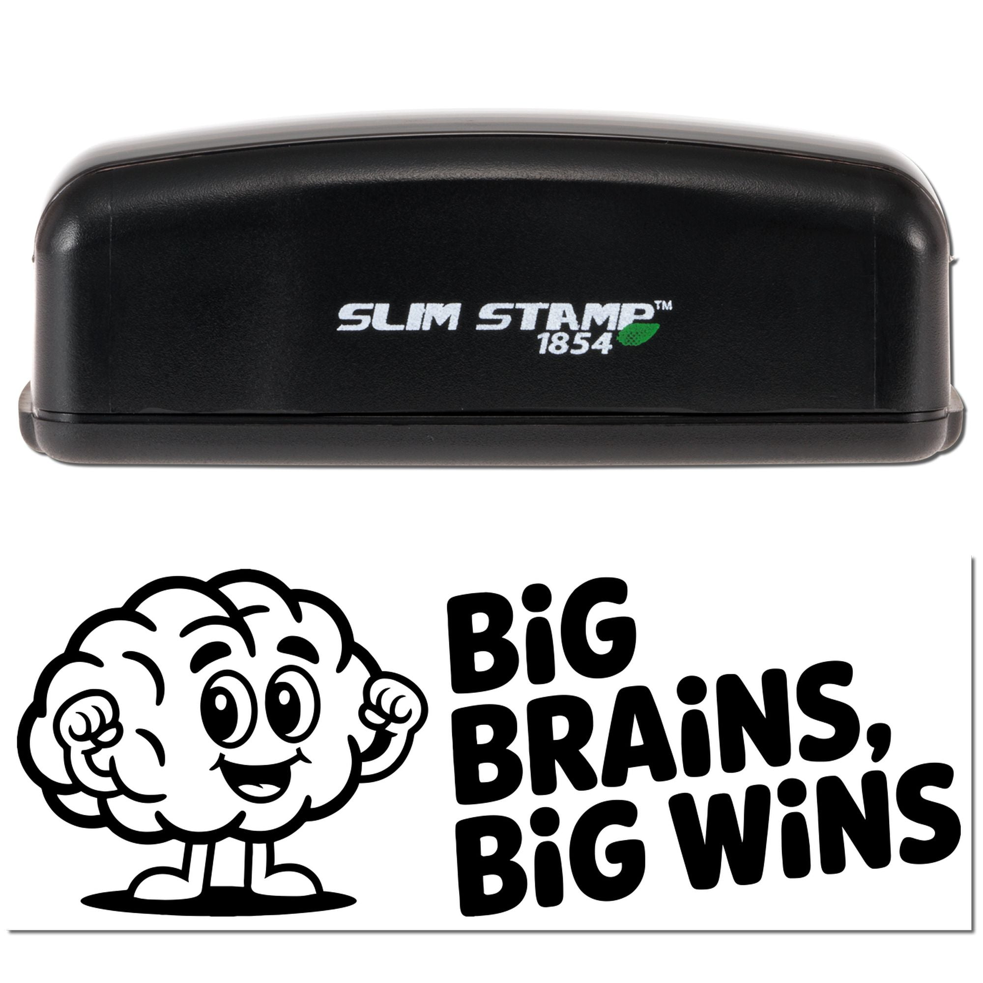 Black Slim Stamp 1854 self-inking stamp with green leaf logo and black seal reading Big Brains, Big Wins.