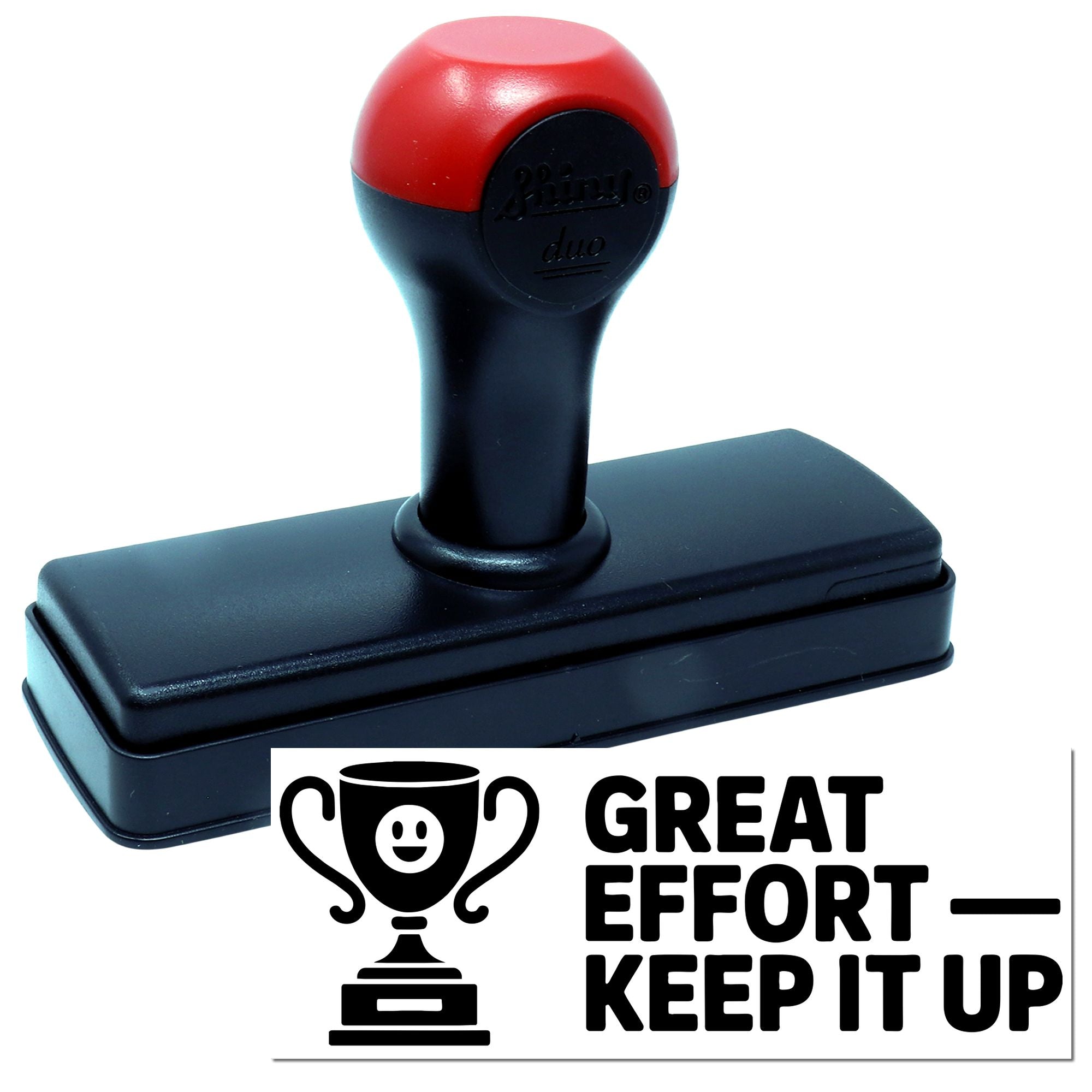 Red and black self-inking stamp and seal with trophy icon and bold Great Effort Keep It Up text