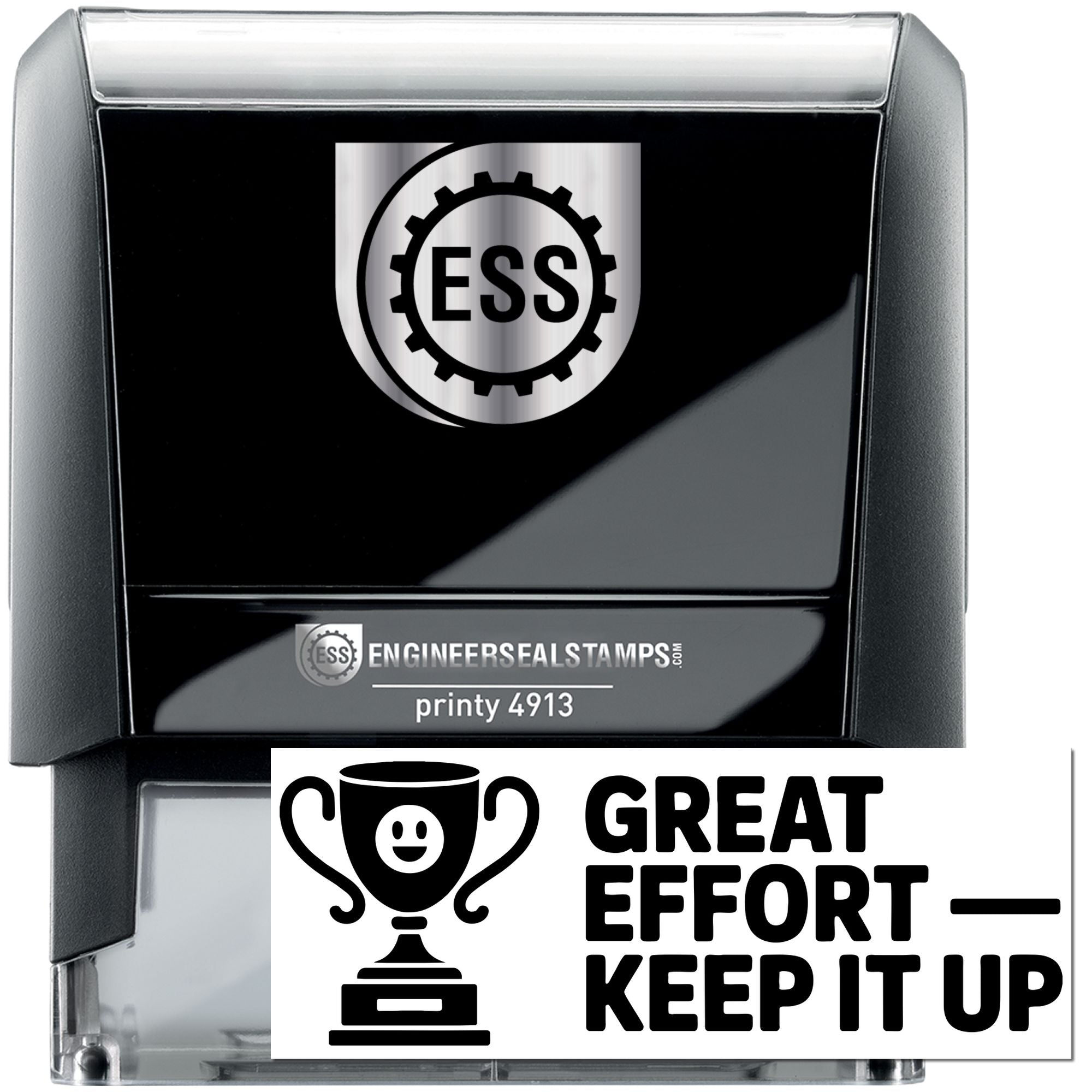 Black and silver ESS engineer seal self-inking stamp with Great Effort Keep It Up trophy stamp patch
