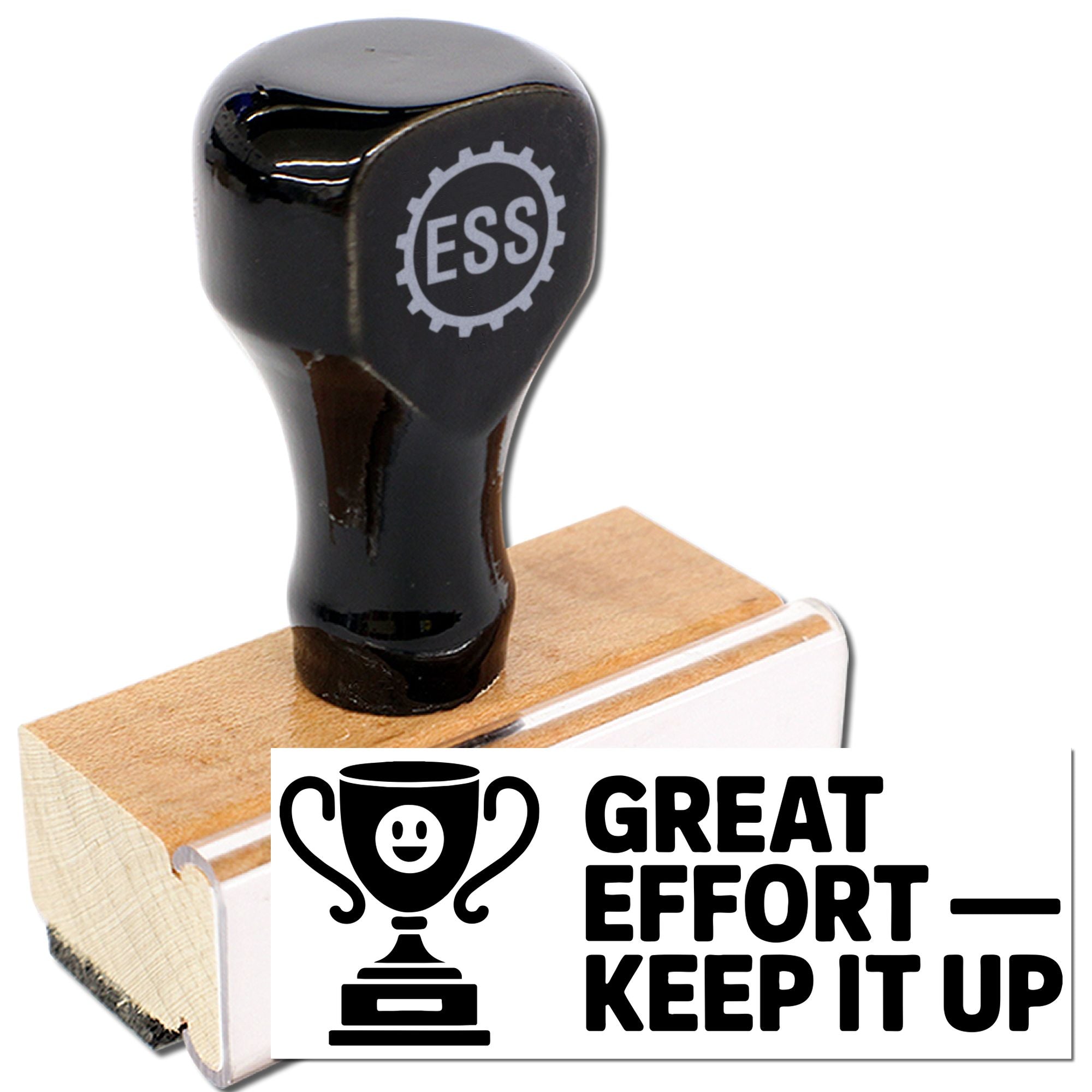 Black custom rubber stamp and wooden seal block with Great Effort Keep It Up trophy design on white background.