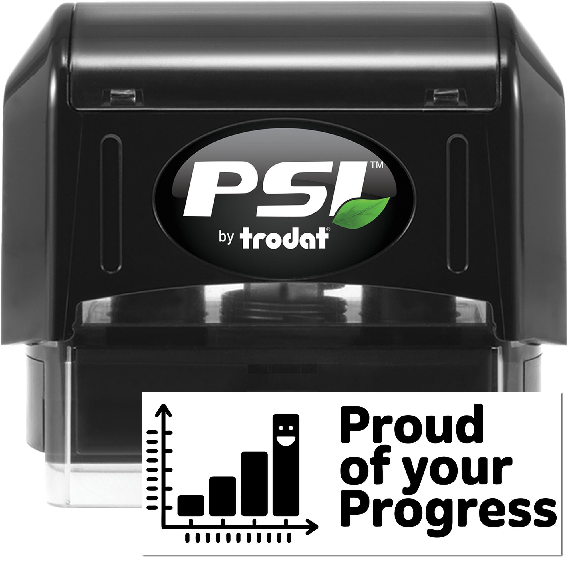 Black PSI by Trodat self-inking stamp with green leaf logo, plus a Proud of Your Progress seal card.