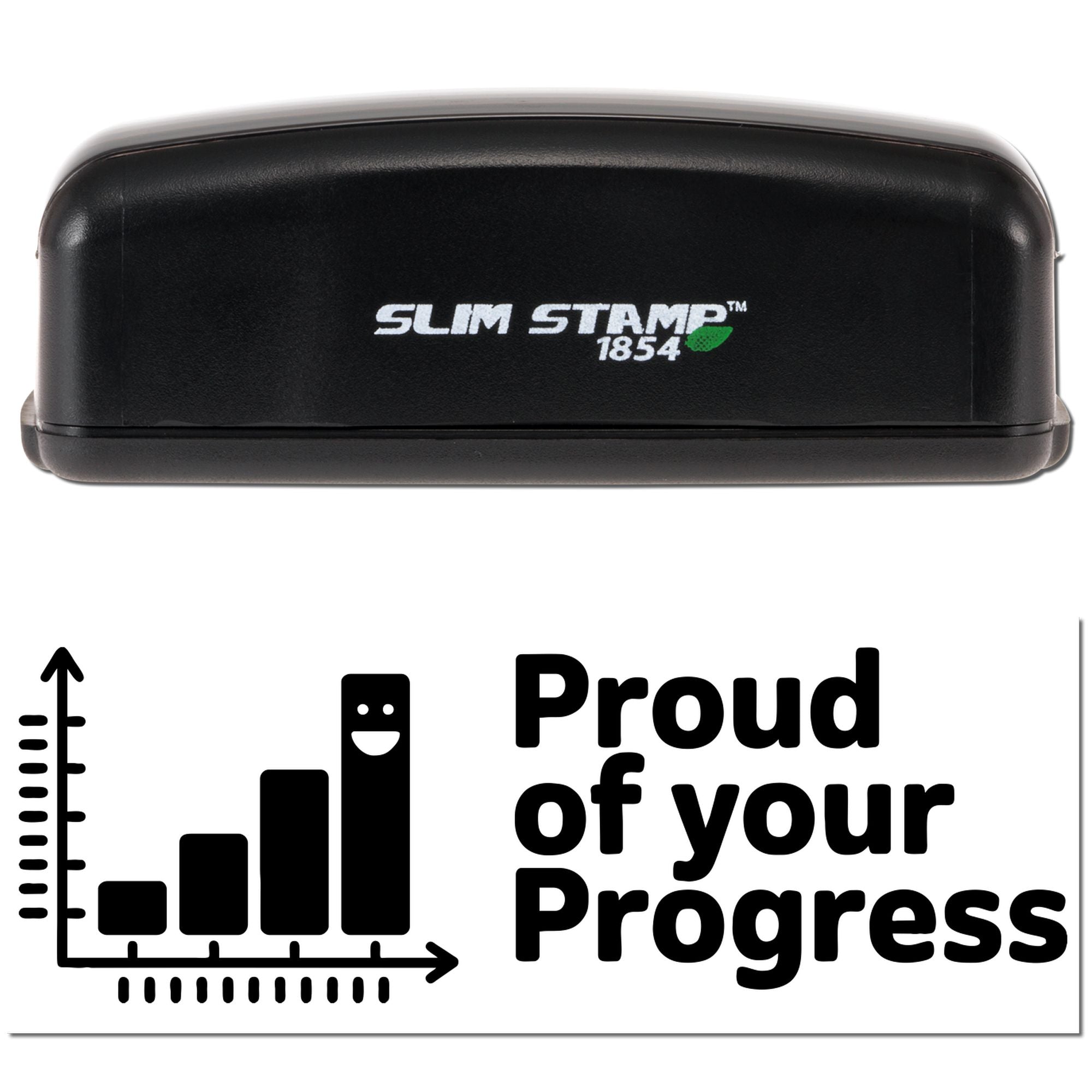 Black Slim Stamp 1854 stamp and seal with green leaf logo and bold Proud of your Progress graphic on white.
