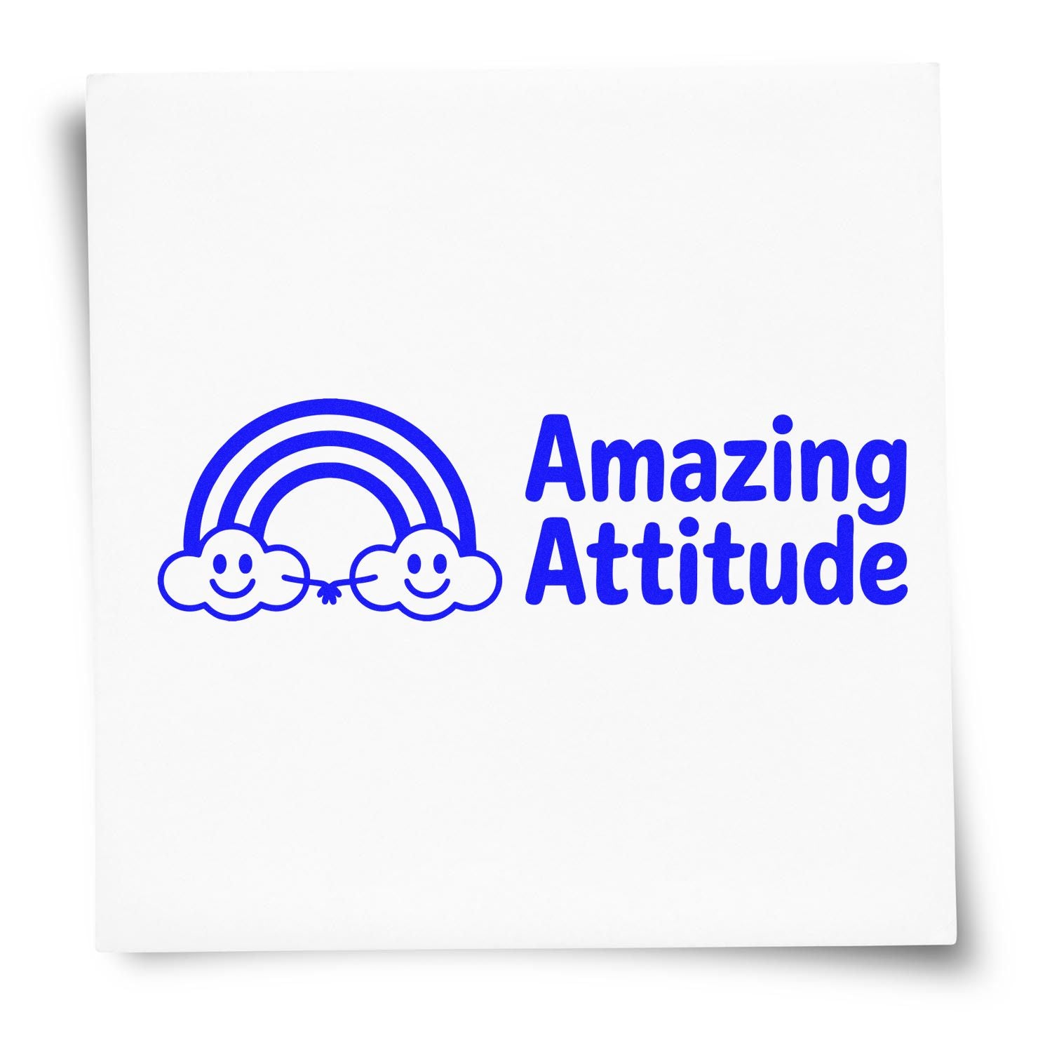 Blue Amazing Attitude stamp seal with smiling rainbow clouds on white background.