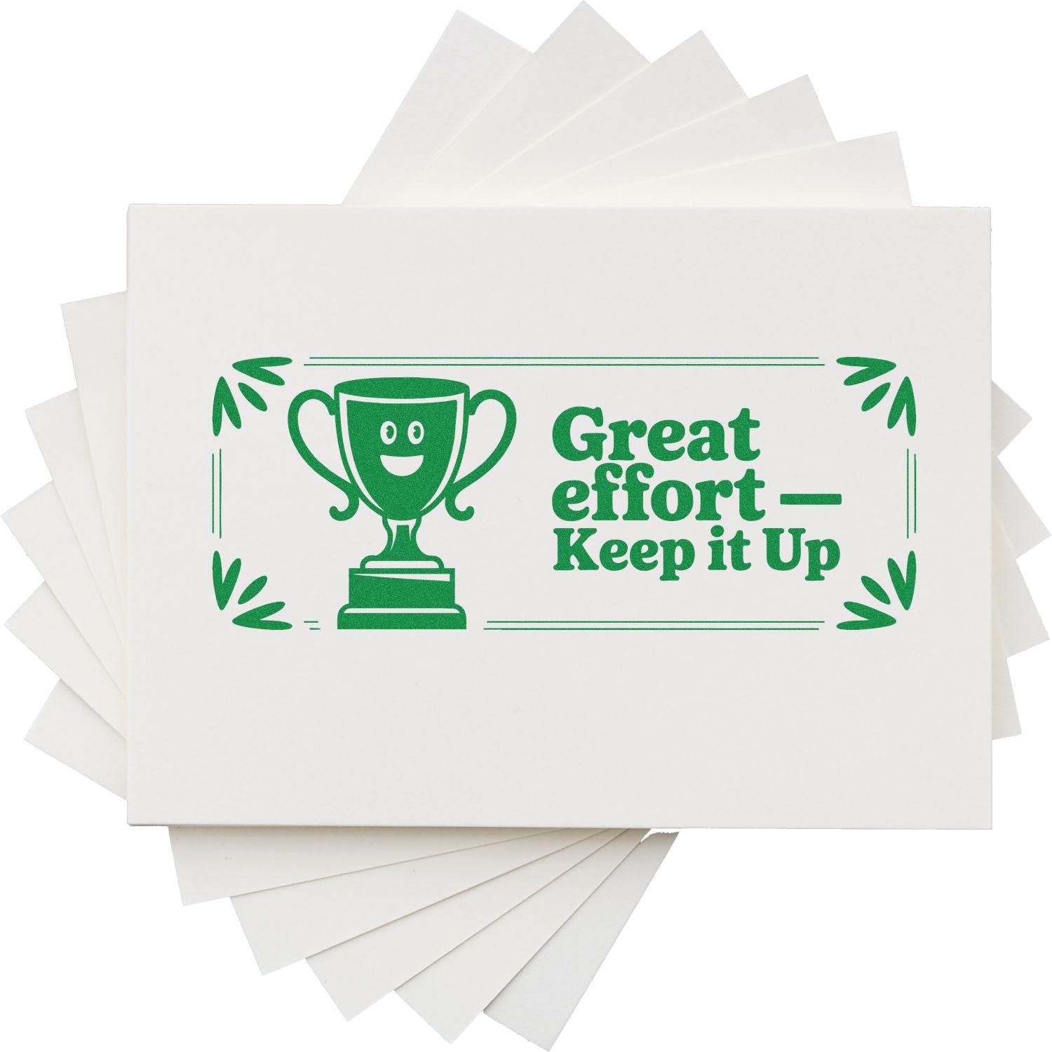 Green motivational stamp and seal with trophy icon and Great effortKeep it Up on white cards.