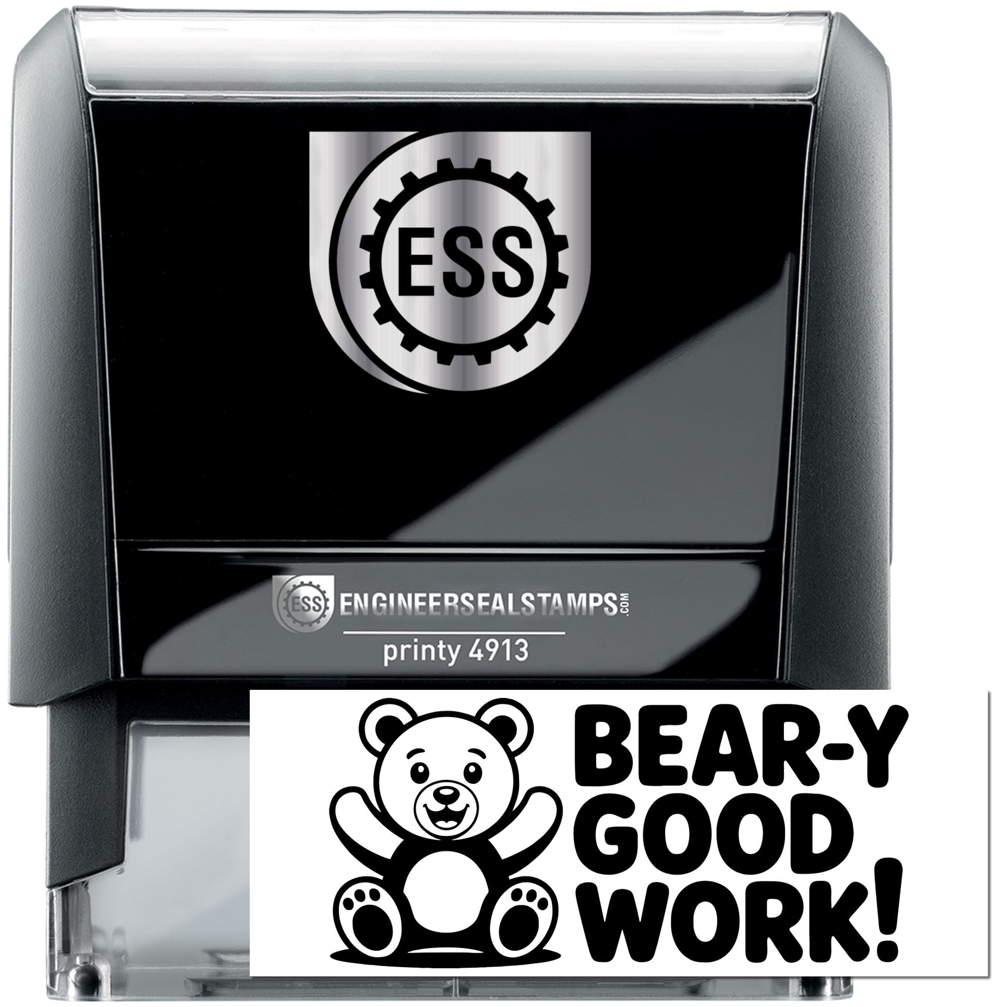 Black and gray self-inking engineer seal stamp with ESS logo and Bear-Y Good Work! design