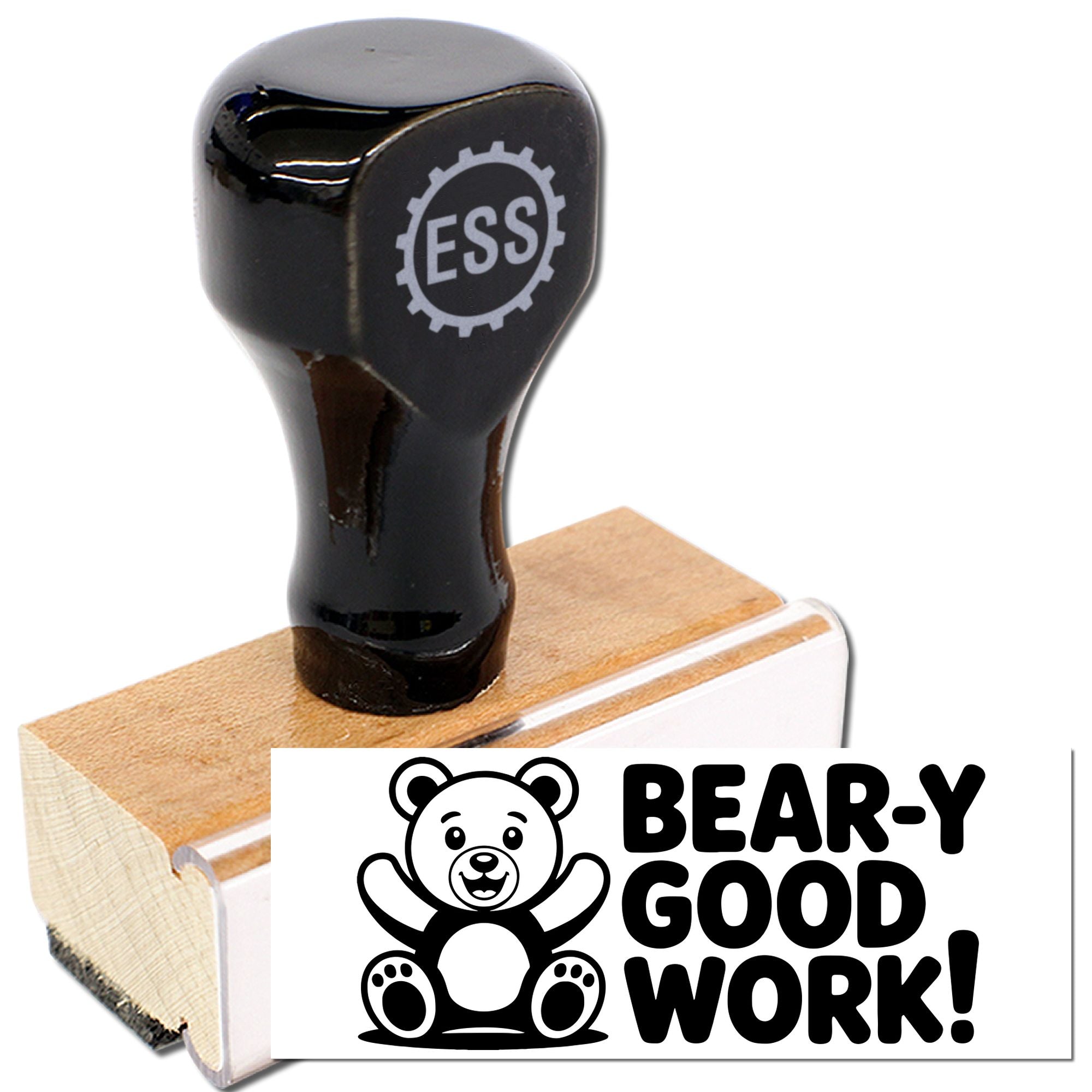 Black rubber stamp with ESS gear logo on wooden base, plus white seal with bear graphic and BEAR-Y GOOD WORK!