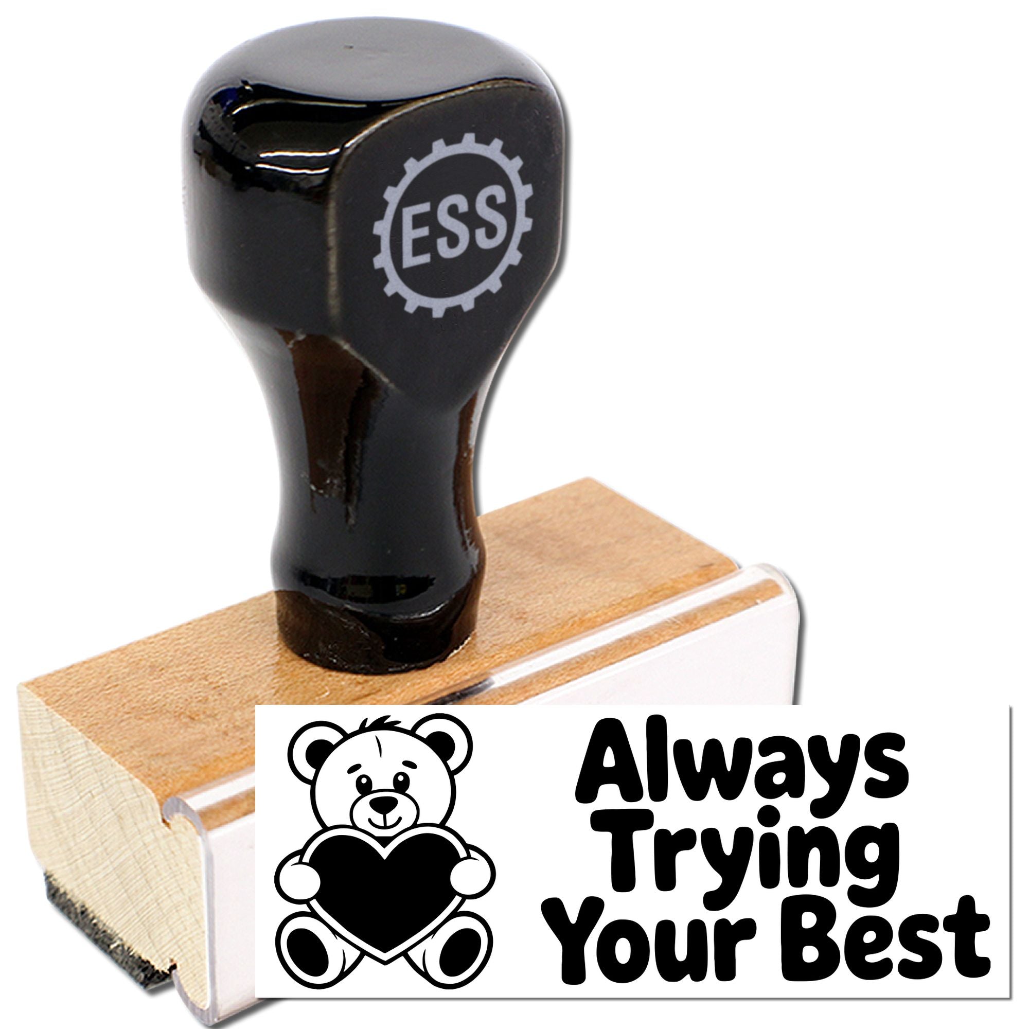 Black self-inking stamp and seal with wooden base, displaying a bear and Always Trying Your Best design on white.