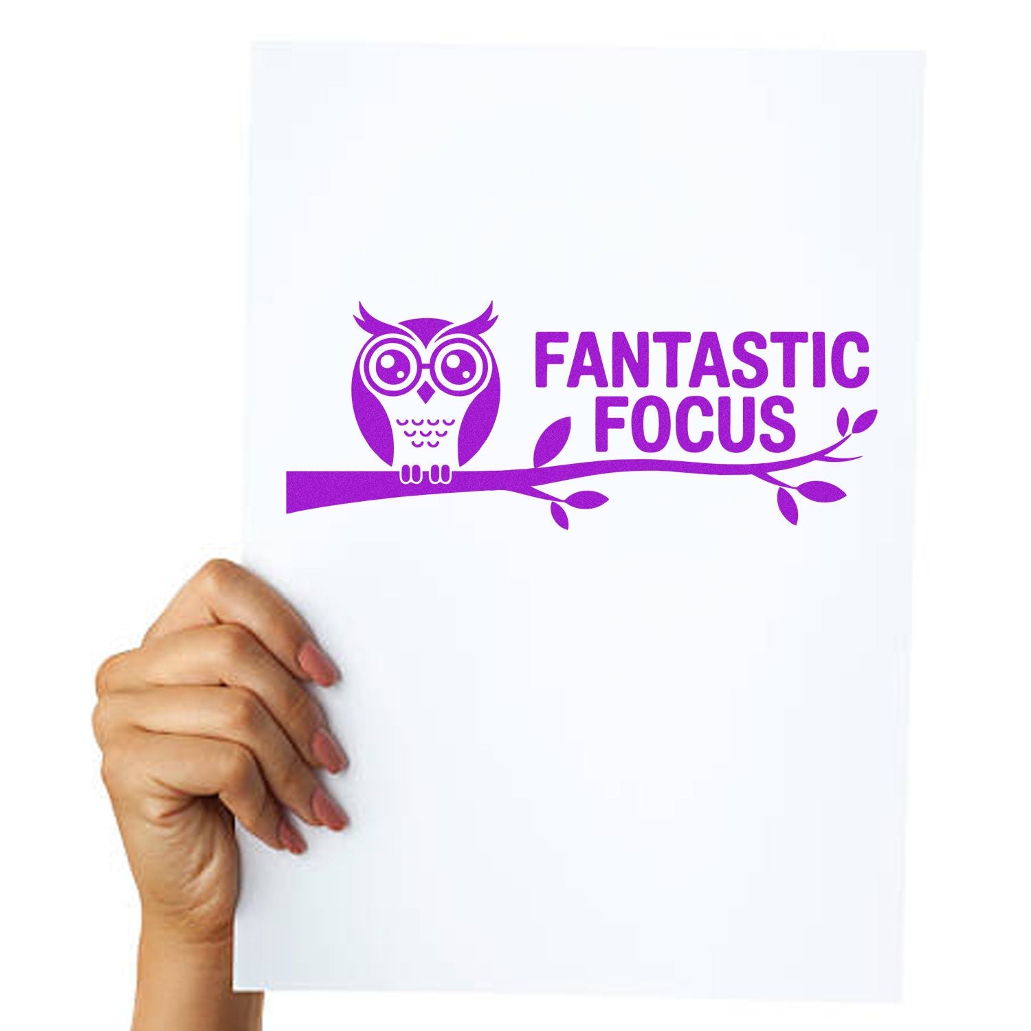 Purple owl custom stamp seal with FANTASTIC FOCUS on a branch, held on white paper