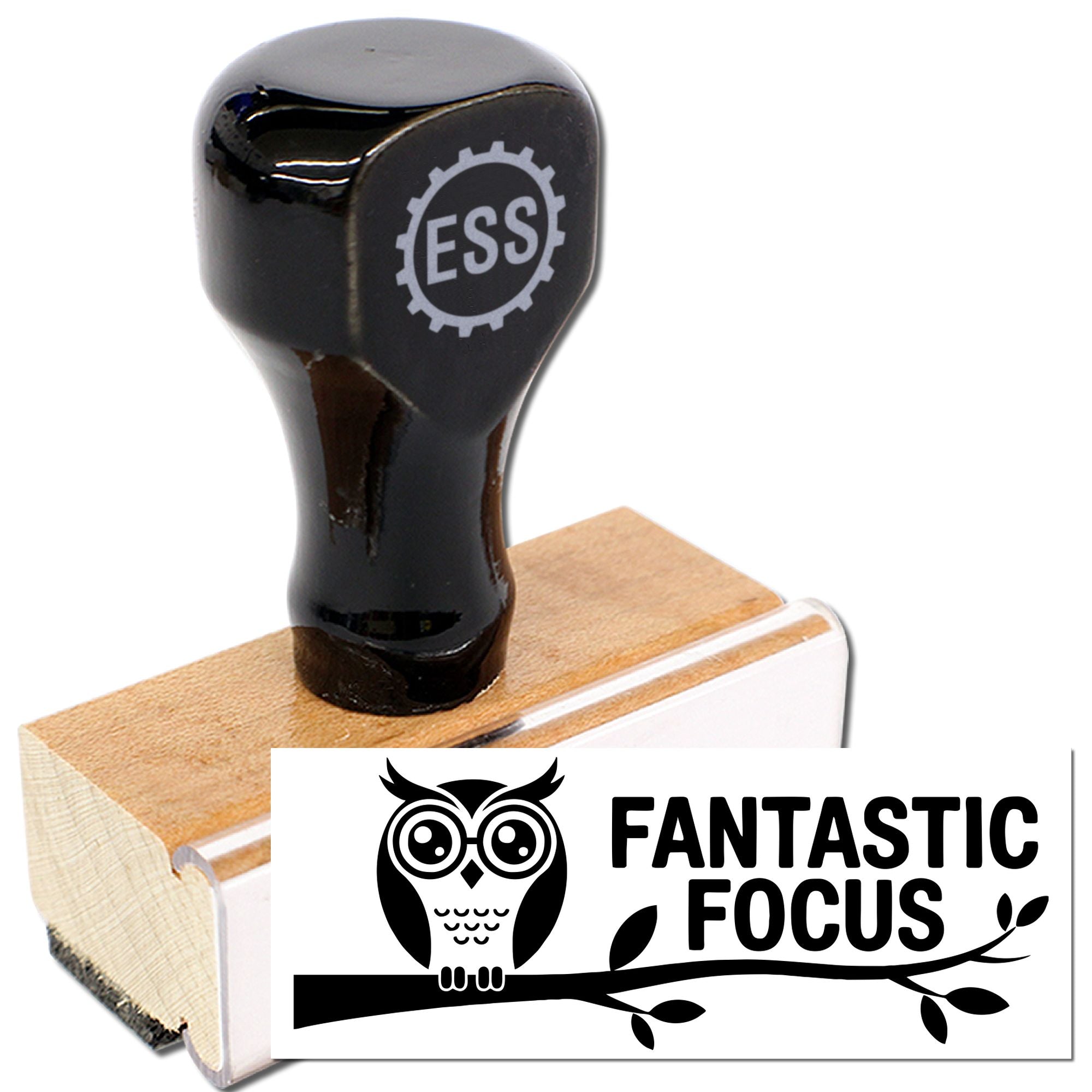 Black rubber stamp and tan wooden seal with ESS logo, plus owl FANTASTIC FOCUS imprint