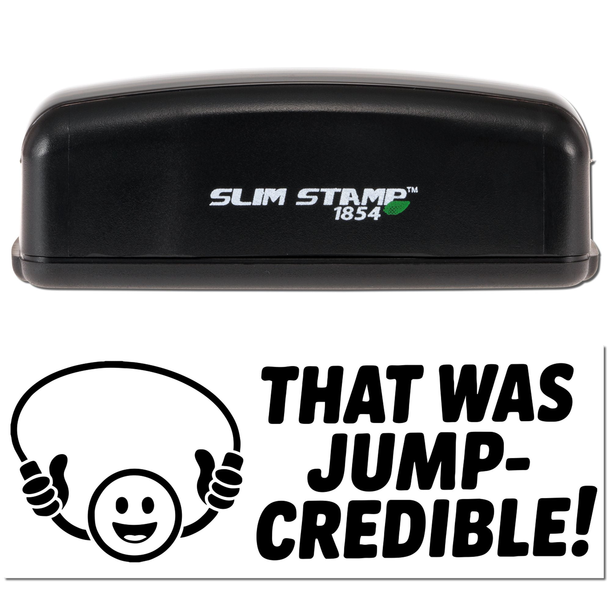 Black Slim Stamp 1854 stamp and seal with smiling jump-rope icon and bold text: THAT WAS JUMP-CREDIBLE!