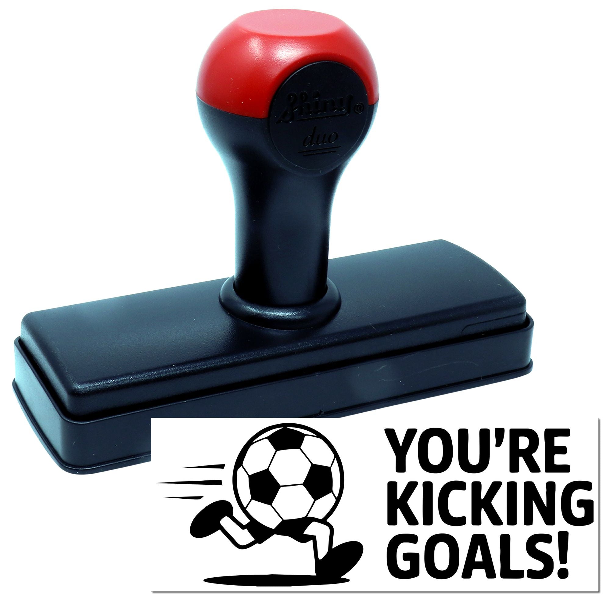 Red and black self-inking stamp and seal with soccer ball logo and bold YOURE KICKING GOALS! text.